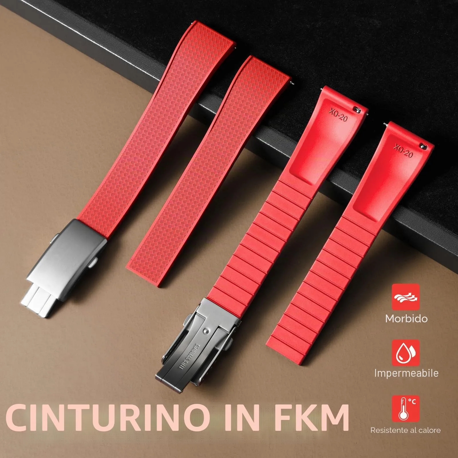 ULLCHRO Cinturino Orologio 20mm 22mm in Gomma Fluorurata FKM a Sgancio Rapido, Cinturini di Ricambio Morbidi e Durevoli, Cinturino Sportivo in Gomma Fluoro per Orologio Uomo (20mm, Rosso Scuro) - immagine 2