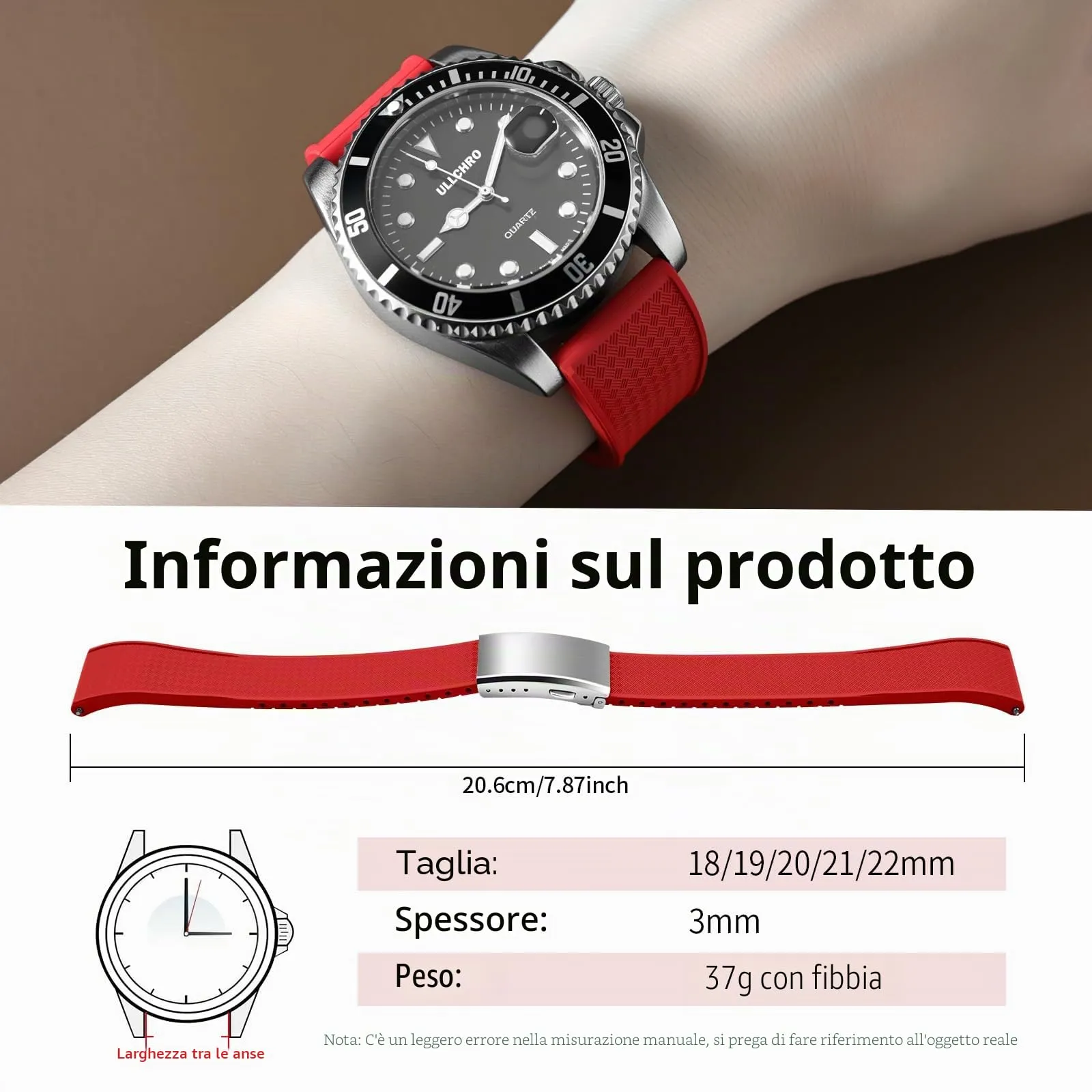 ULLCHRO Cinturino Orologio 20mm 22mm in Gomma Fluorurata FKM a Sgancio Rapido, Cinturini di Ricambio Morbidi e Durevoli, Cinturino Sportivo in Gomma Fluoro per Orologio Uomo (20mm, Rosso Scuro) - immagine 6