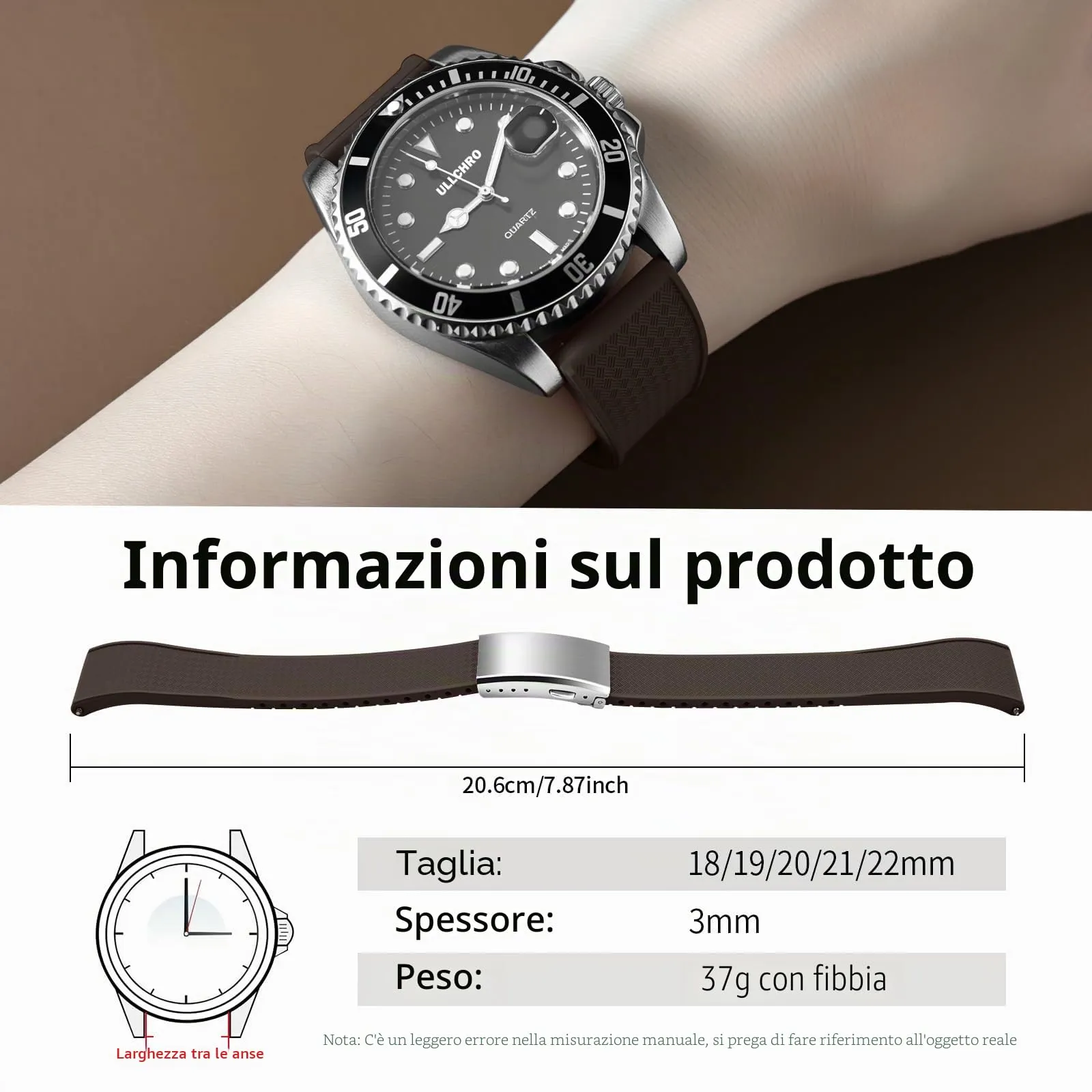ULLCHRO Cinturino Orologio 20mm 22mm in Gomma Fluorurata FKM a Sgancio Rapido, Cinturini di Ricambio Morbidi e Durevoli, Cinturino Sportivo in Gomma Fluoro per Orologio Uomo (20mm, Marrone) - immagine 6