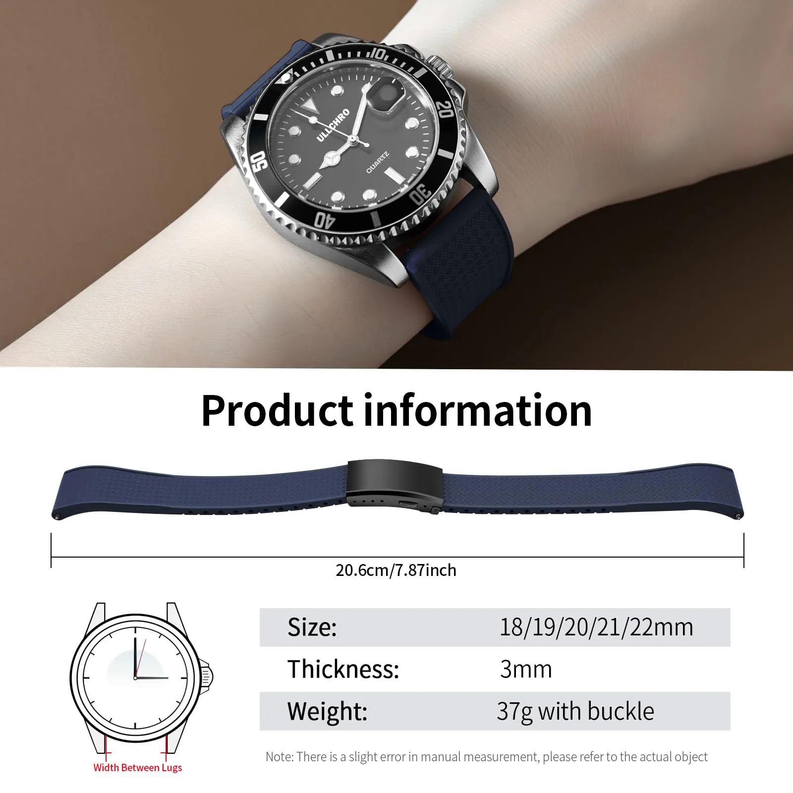 ULLCHRO Cinturino Orologio 20mm 22mm in Gomma Fluorurata FKM a Sgancio Rapido, Cinturini di Ricambio Morbidi e Durevoli, Cinturino Sportivo in Gomma Fluoro per Orologio Uomo (18mm, Blu Navy) - immagine 6
