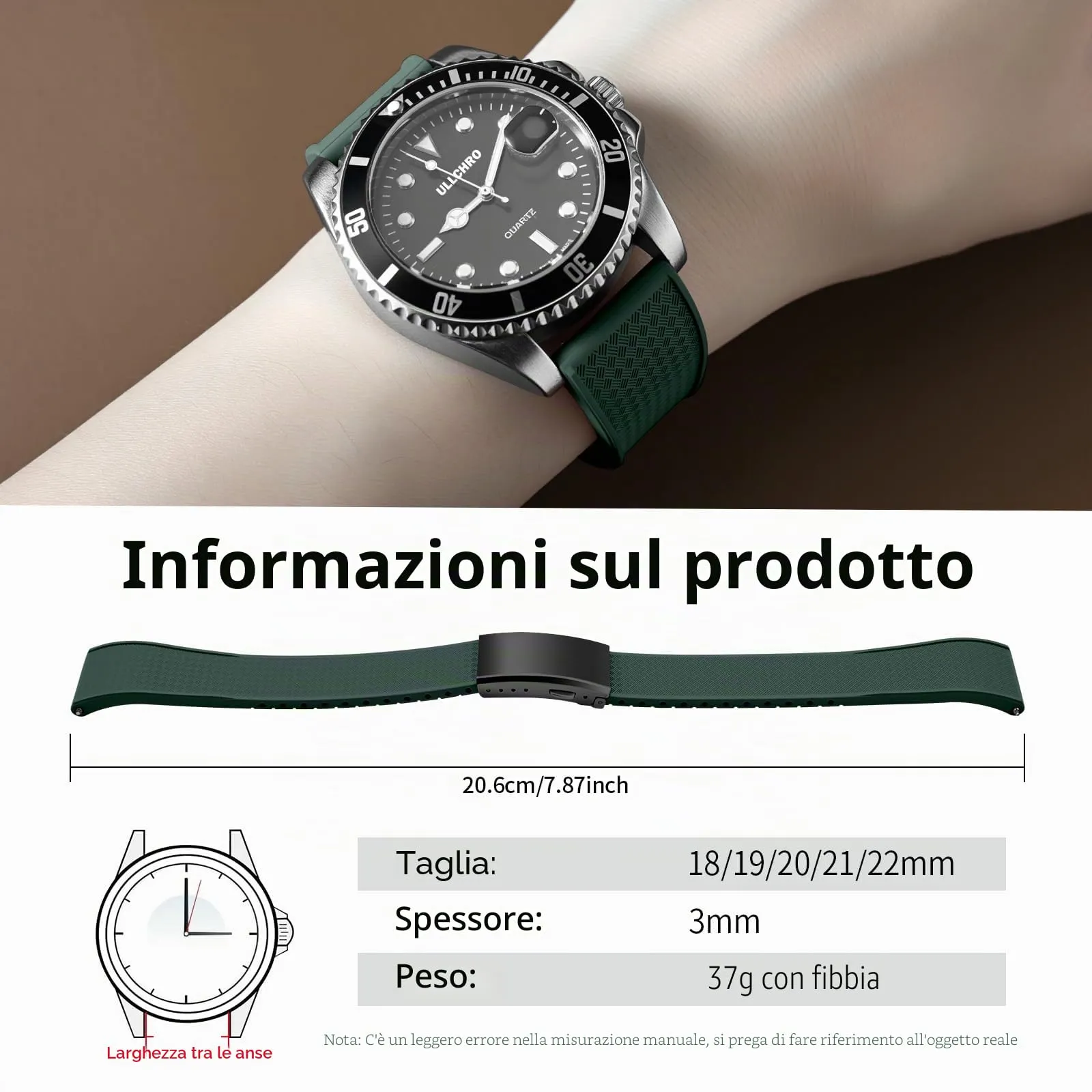 ULLCHRO Cinturino Orologio 20mm 22mm in Gomma Fluorurata FKM a Sgancio Rapido, Cinturini di Ricambio Morbidi e Durevoli, Cinturino Sportivo in Gomma Fluoro per Orologio Uomo (20mm, Verde Scuro) - immagine 6