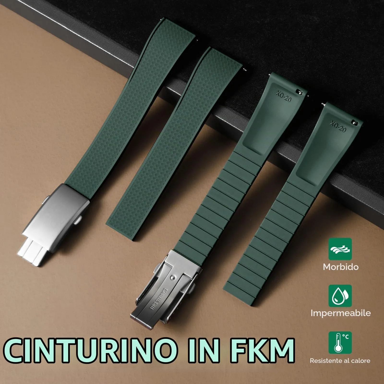 ULLCHRO Cinturino Orologio 20mm 22mm in Gomma Fluorurata FKM a Sgancio Rapido, Cinturini di Ricambio Morbidi e Durevoli, Cinturino Sportivo in Gomma Fluoro per Orologio Uomo (20mm, Verde Scuro) - immagine 2