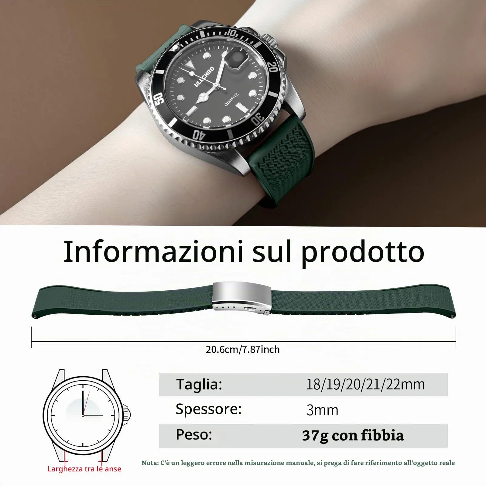 ULLCHRO Cinturino Orologio 20mm 22mm in Gomma Fluorurata FKM a Sgancio Rapido, Cinturini di Ricambio Morbidi e Durevoli, Cinturino Sportivo in Gomma Fluoro per Orologio Uomo (20mm, Verde Scuro) - immagine 6
