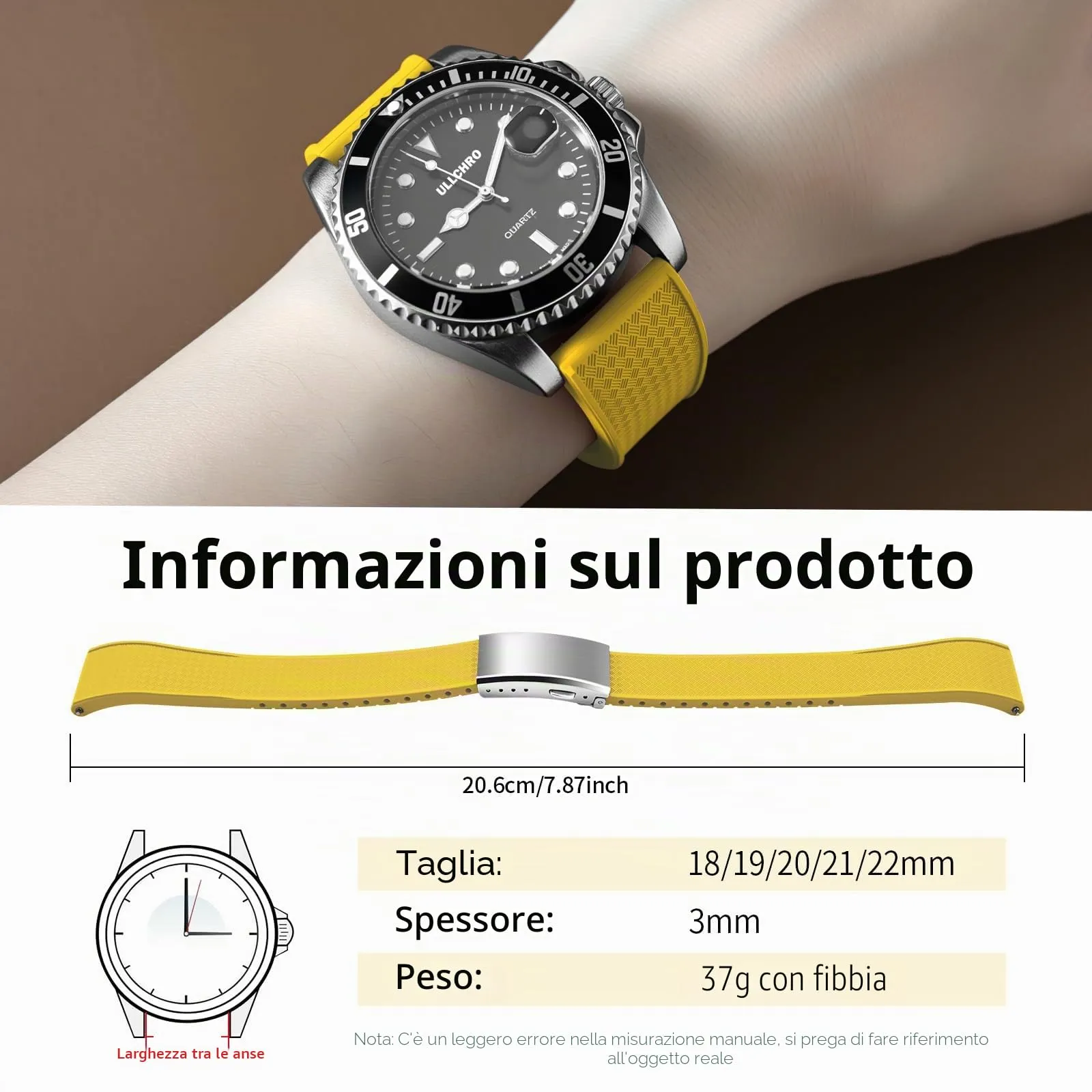ULLCHRO Cinturino Orologio 20mm 22mm in Gomma Fluorurata FKM a Sgancio Rapido, Cinturini di Ricambio Morbidi e Durevoli, Cinturino Sportivo in Gomma Fluoro per Orologio Uomo (22mm, Giallo) - immagine 6