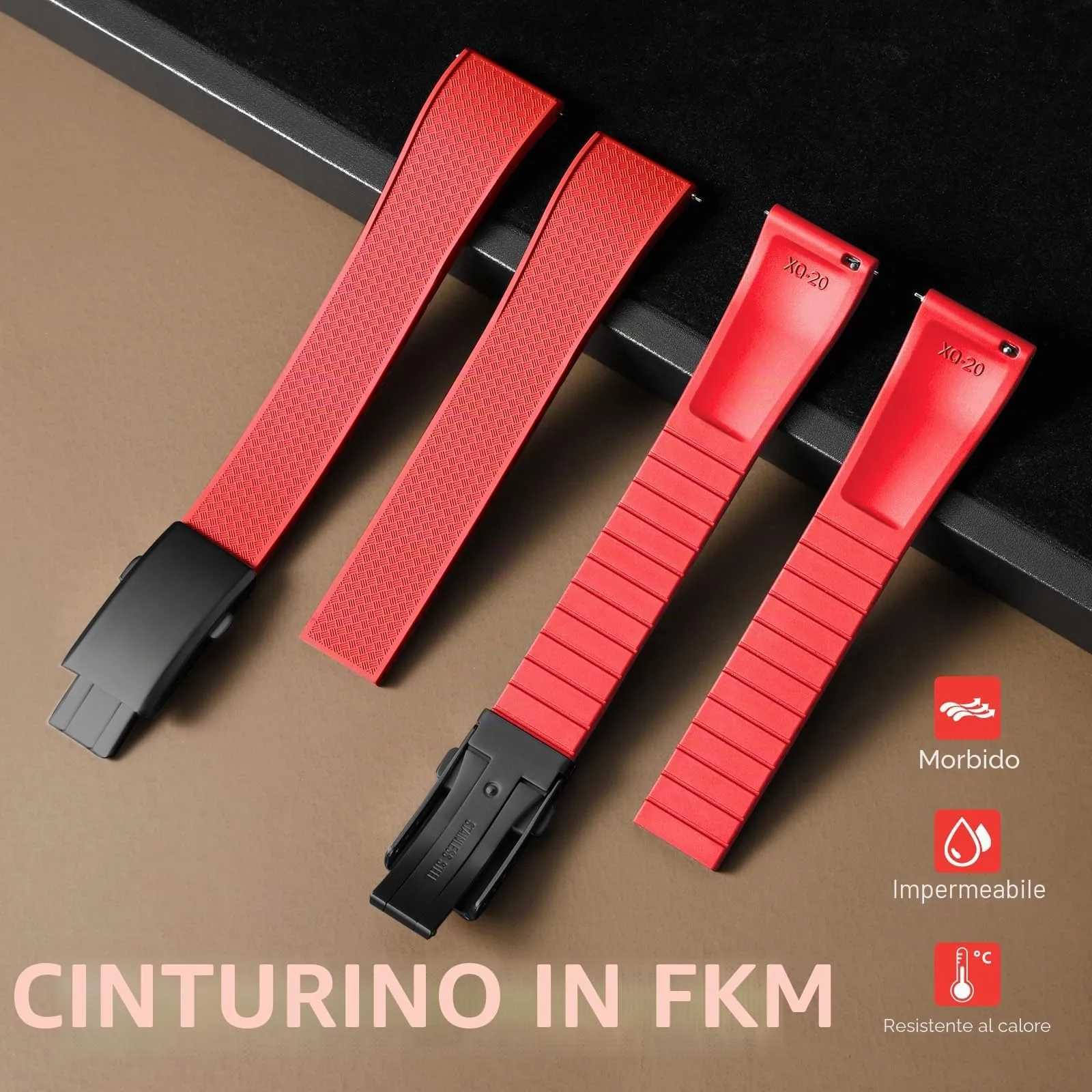 ULLCHRO Cinturino Orologio 20mm 22mm in Gomma Fluorurata FKM a Sgancio Rapido, Cinturini di Ricambio Morbidi e Durevoli, Cinturino Sportivo in Gomma Fluoro per Orologio Uomo (22mm, Rosso Scuro) - immagine 2