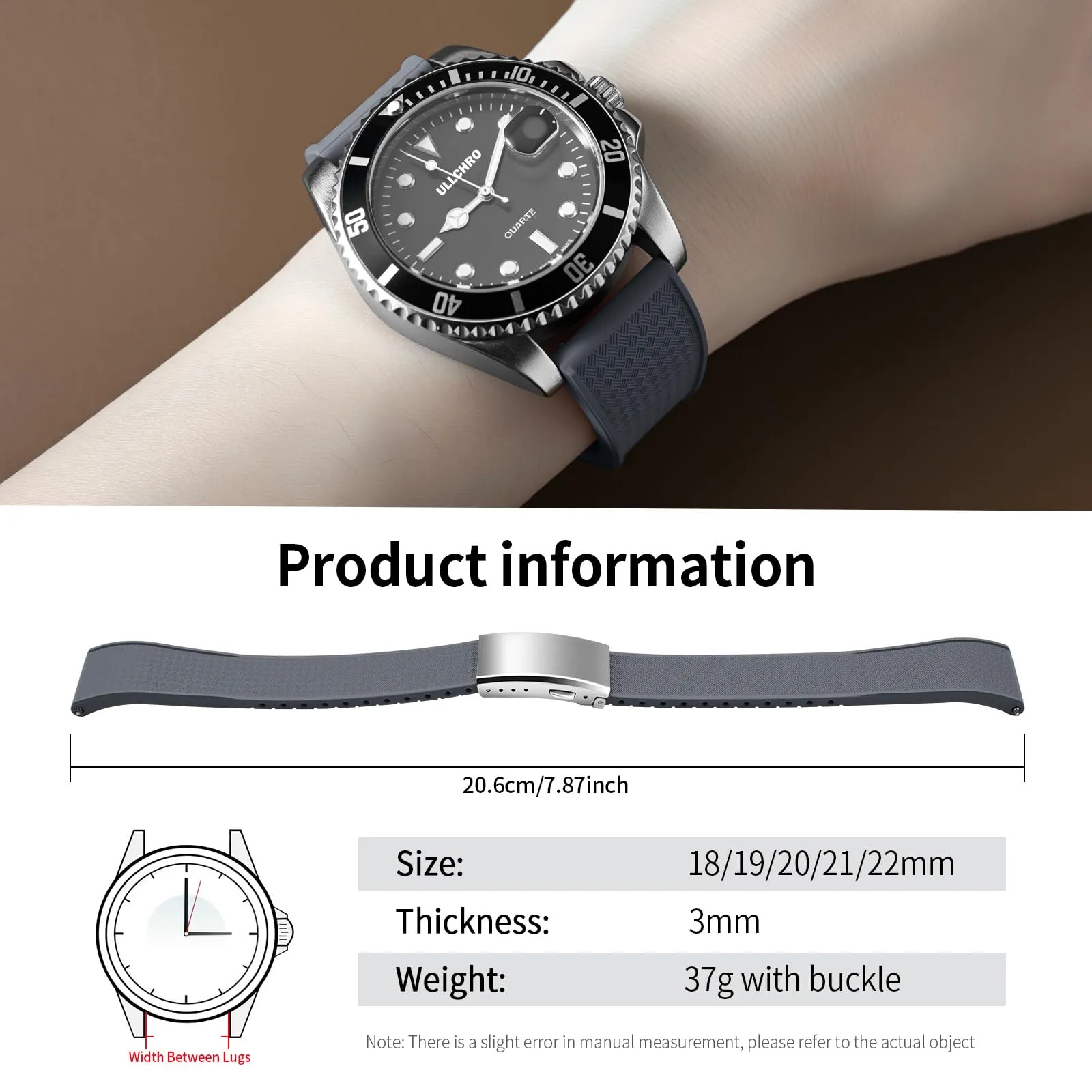 ULLCHRO Cinturino Orologio 20mm 22mm in Gomma Fluorurata FKM a Sgancio Rapido, Cinturini di Ricambio Morbidi e Durevoli, Cinturino Sportivo in Gomma Fluoro per Orologio Uomo (21mm, Grigio) - immagine 6