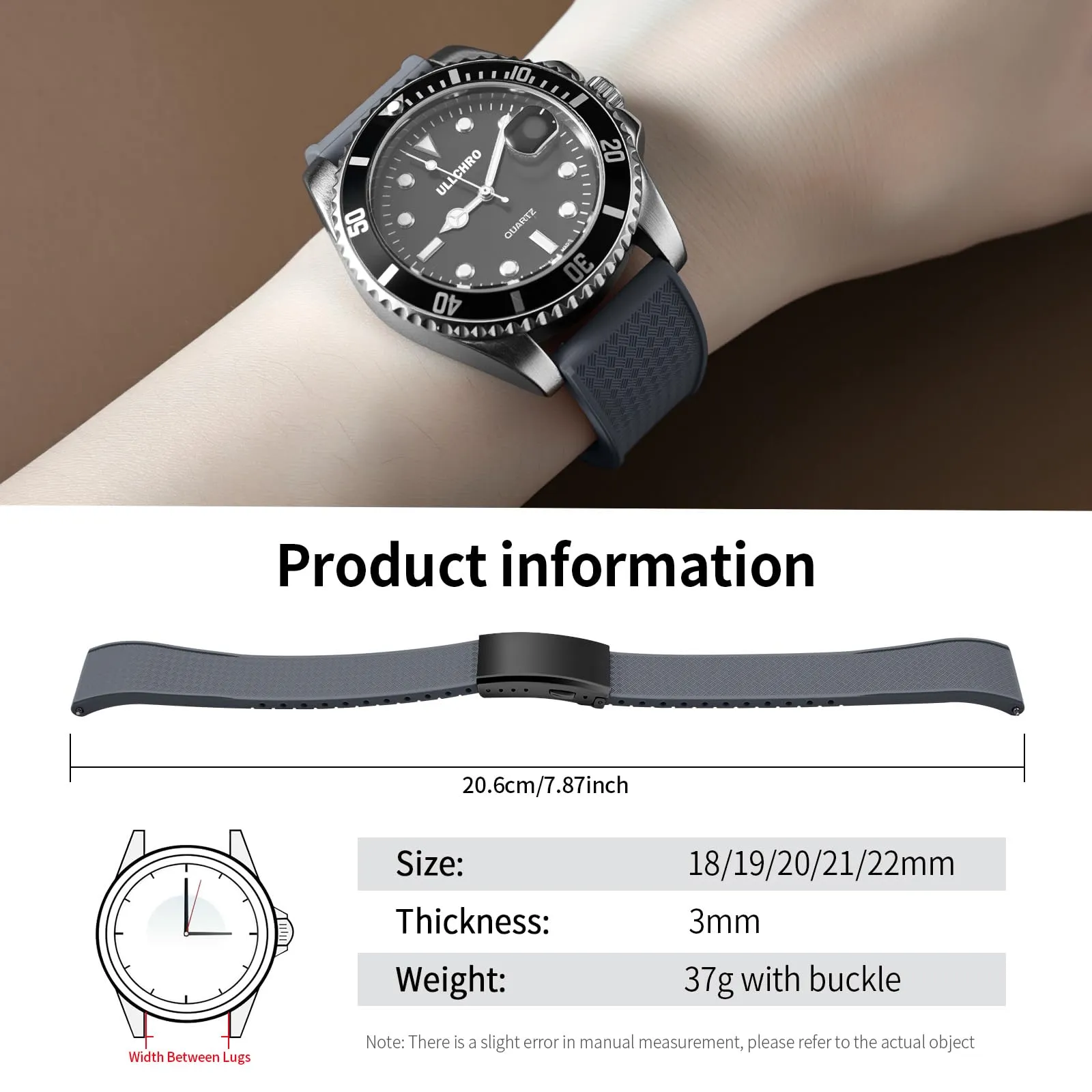 ULLCHRO Cinturino Orologio 20mm 22mm in Gomma Fluorurata FKM a Sgancio Rapido, Cinturini di Ricambio Morbidi e Durevoli, Cinturino Sportivo in Gomma Fluoro per Orologio Uomo (22mm, Grigio) - immagine 6