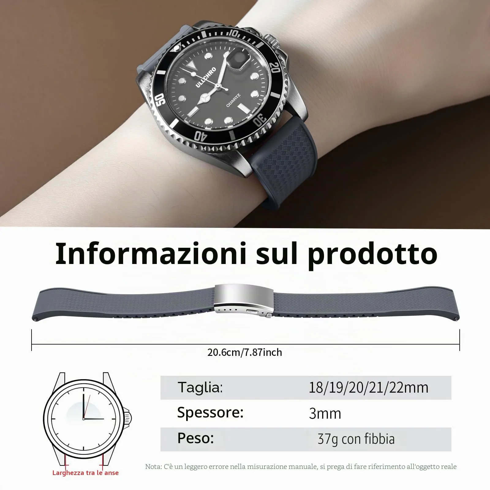 ULLCHRO Cinturino Orologio 20mm 22mm in Gomma Fluorurata FKM a Sgancio Rapido, Cinturini di Ricambio Morbidi e Durevoli, Cinturino Sportivo in Gomma Fluoro per Orologio Uomo (19mm, Grigio) - immagine 6