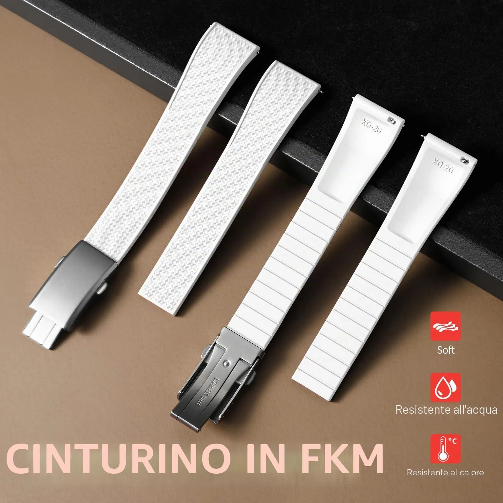ULLCHRO Cinturino Orologio 20mm 22mm in Gomma Fluorurata FKM a Sgancio Rapido, Cinturini di Ricambio Morbidi e Durevoli, Cinturino Sportivo in Gomma Fluoro per Orologio Uomo (20mm, Bianco) - immagine 2