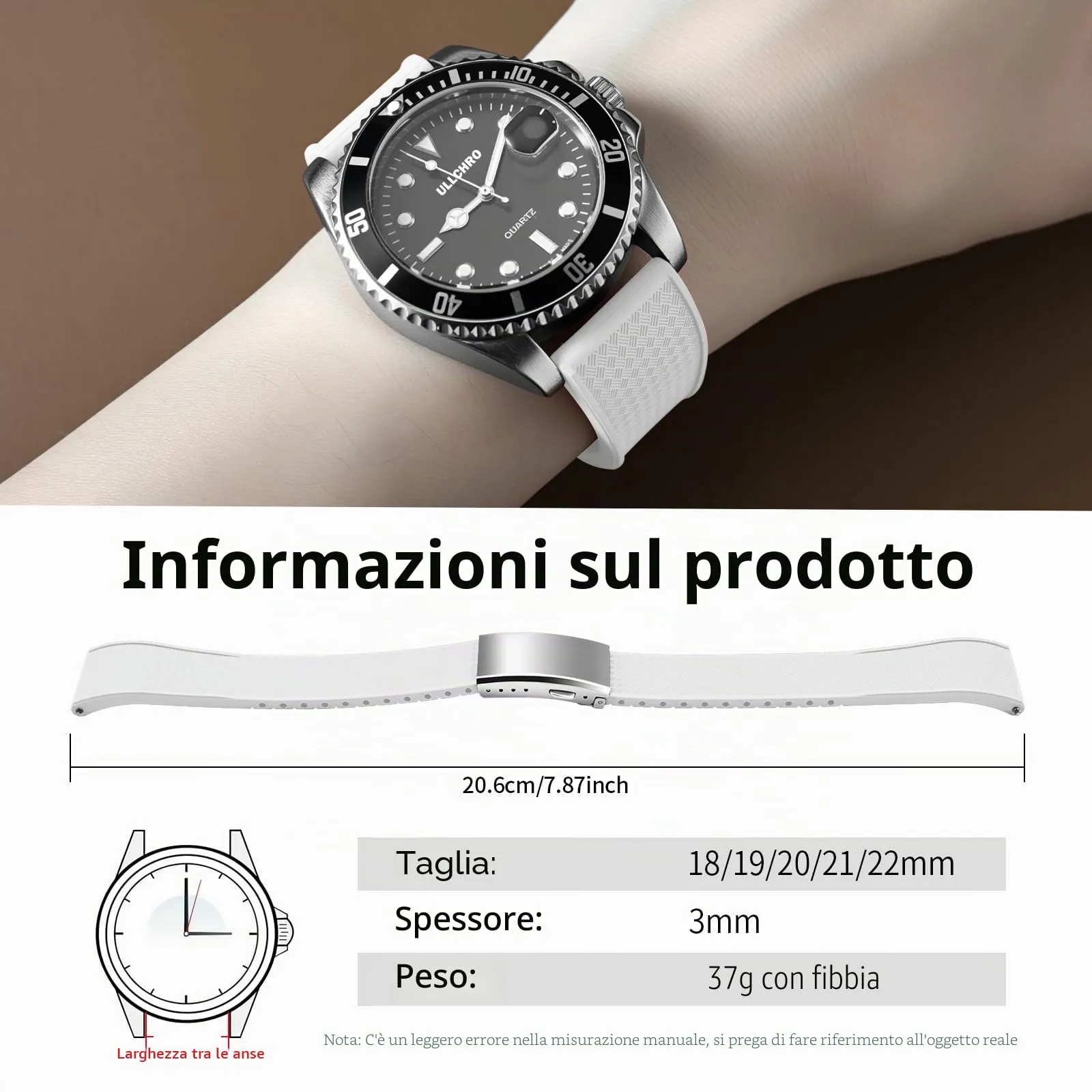 ULLCHRO Cinturino Orologio 20mm 22mm in Gomma Fluorurata FKM a Sgancio Rapido, Cinturini di Ricambio Morbidi e Durevoli, Cinturino Sportivo in Gomma Fluoro per Orologio Uomo (20mm, Bianco) - immagine 6