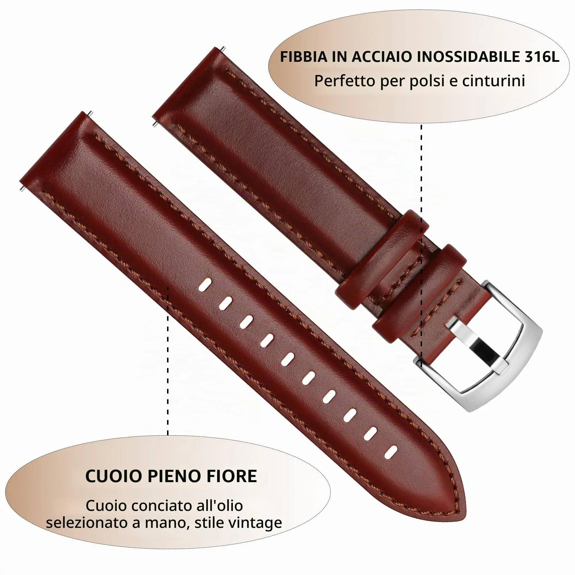 CORROPELLE Cinturini Orologio in Pelle a Sgancio Rapido 18mm 19mm 20mm 21mm 22mm, Elegante Cinturino Vera Pelle Alta qualità Cinturini Ricambio per Uomo Donna, Orologio e Smartwatch - immagine 2