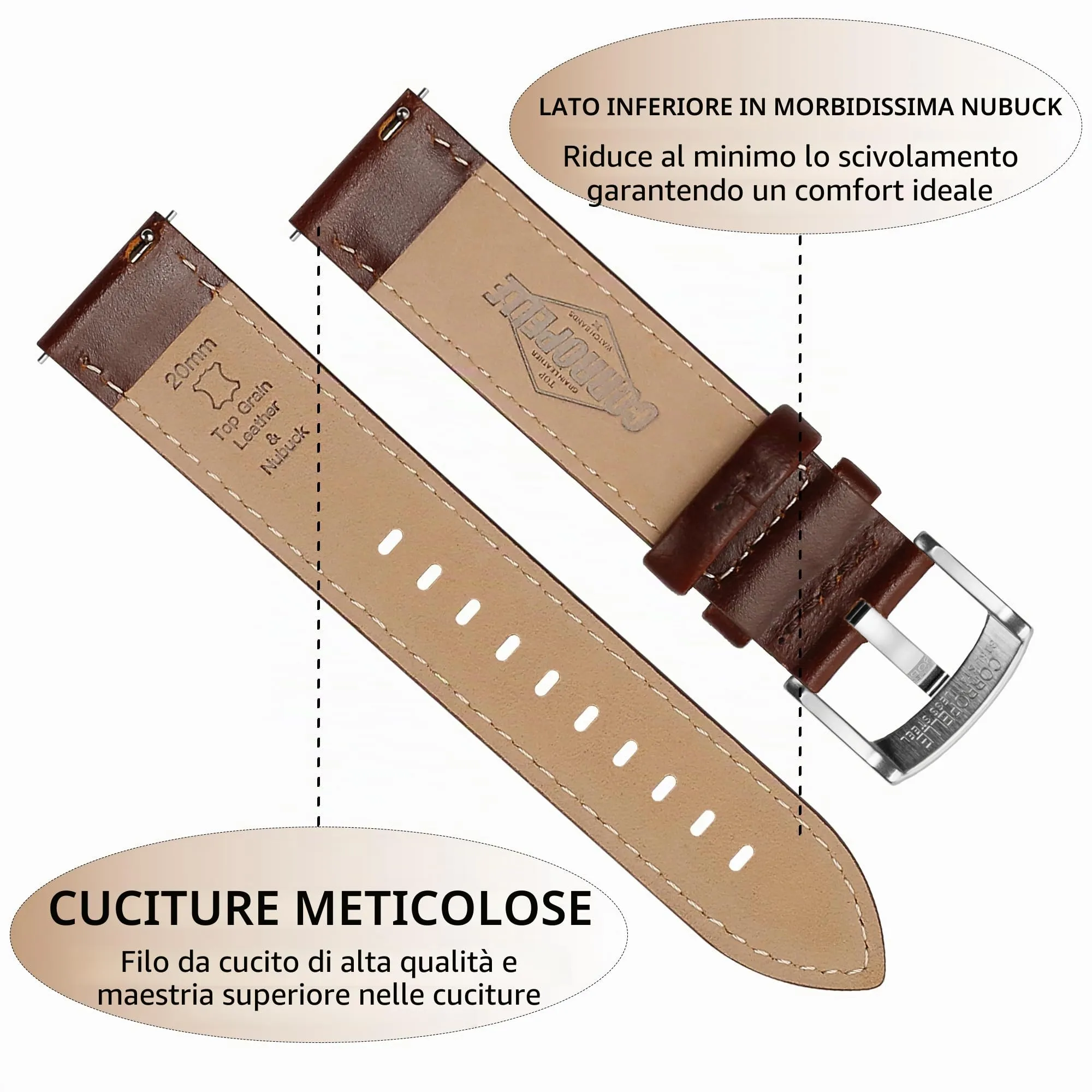 CORROPELLE Cinturini Orologio in Pelle a Sgancio Rapido 18mm 19mm 20mm 21mm 22mm, Elegante Cinturino Vera Pelle Alta qualità Cinturini Ricambio per Uomo Donna, Orologio e Smartwatch - immagine 3