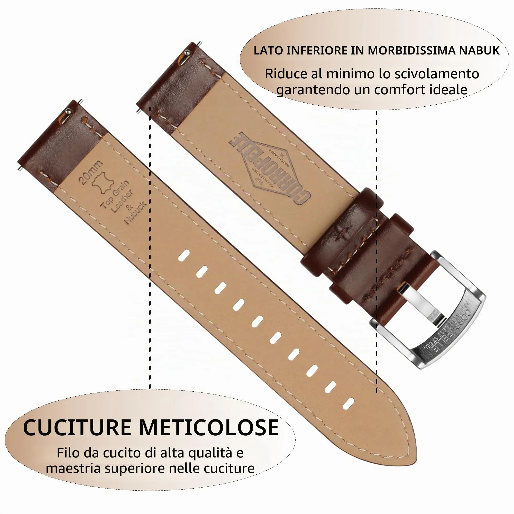 CORROPELLE Cinturini Orologio in Pelle a Sgancio Rapido 18mm 19mm 20mm 21mm 22mm, Elegante Cinturino Vera Pelle Alta qualità Cinturini Ricambio per Uomo Donna, Orologio e Smartwatch - immagine 3