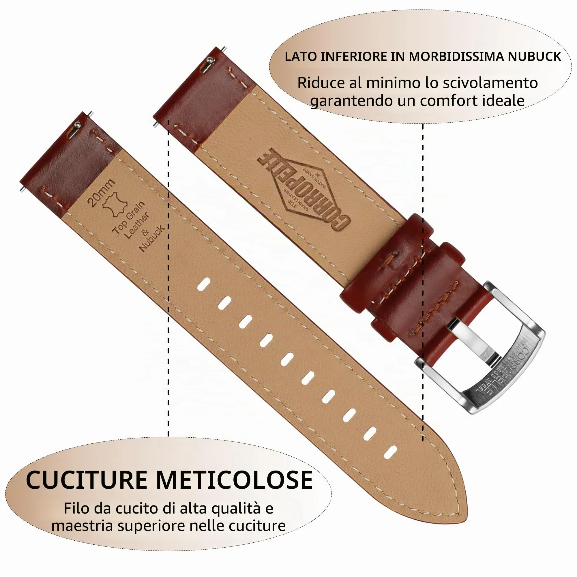 CORROPELLE Cinturini Orologio in Pelle a Sgancio Rapido 18mm 19mm 20mm 21mm 22mm, Elegante Cinturino Vera Pelle Alta qualità Cinturini Ricambio per Uomo Donna, Orologio e Smartwatch - immagine 3