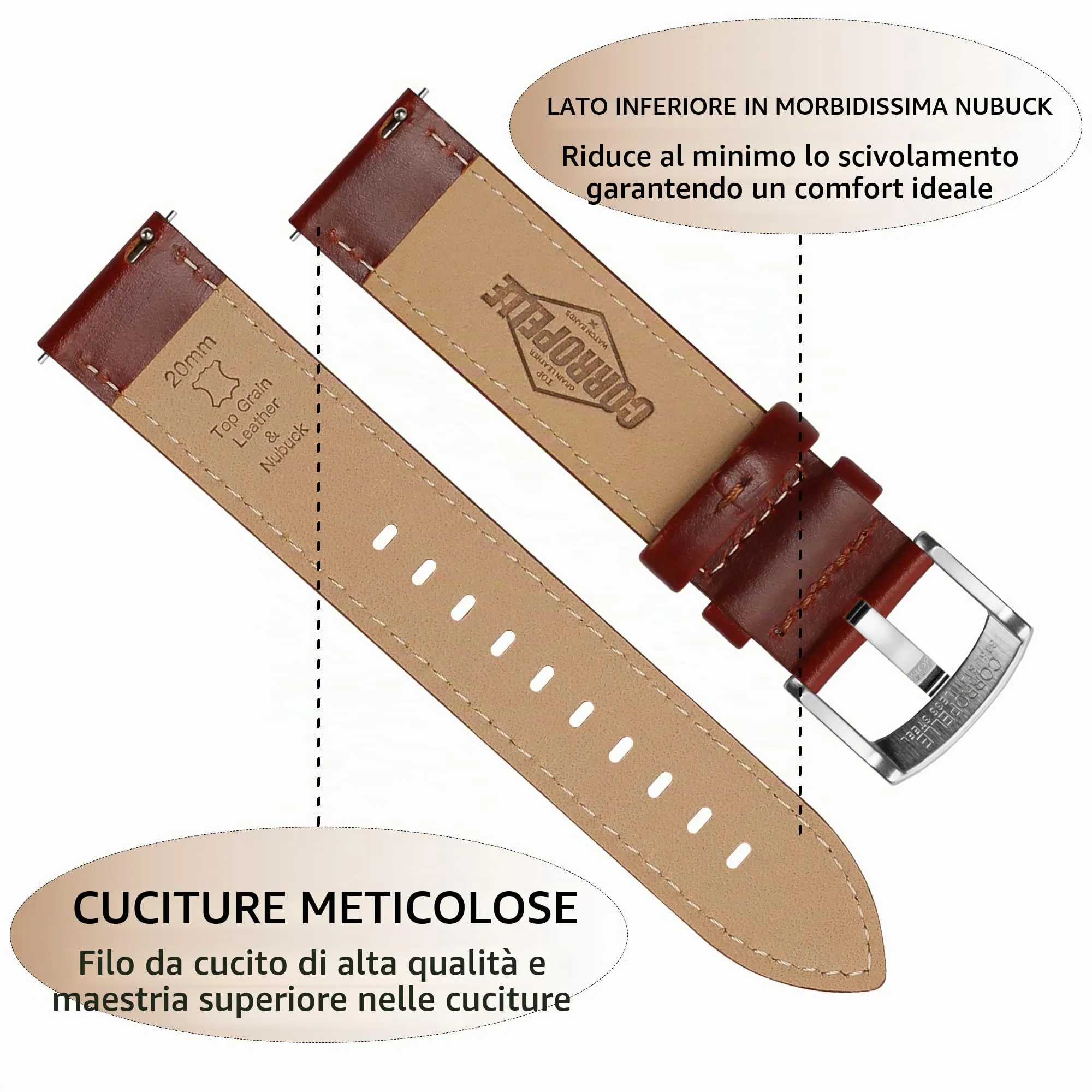 CORROPELLE Cinturini Orologio in Pelle a Sgancio Rapido 18mm 19mm 20mm 21mm 22mm, Elegante Cinturino Vera Pelle Alta qualità Cinturini Ricambio per Uomo Donna, Orologio e Smartwatch - immagine 3