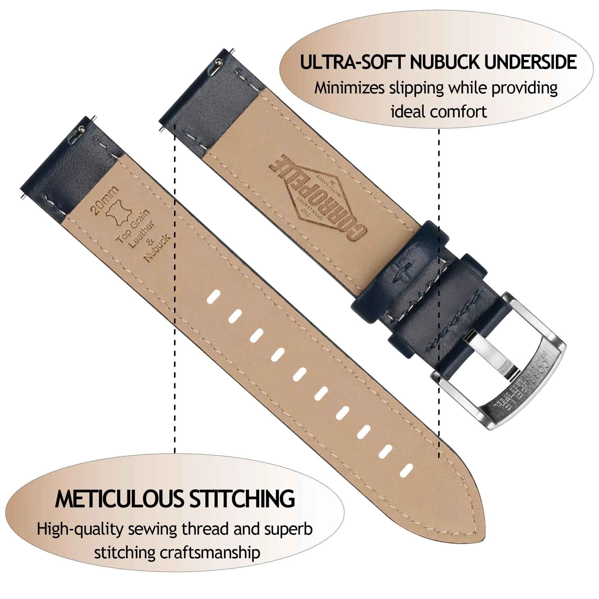 CORROPELLE Cinturini Orologio in Pelle a Sgancio Rapido 18mm 19mm 20mm 21mm 22mm, Elegante Cinturino Vera Pelle Alta qualità Cinturini Ricambio per Uomo Donna, Orologio e Smartwatch - immagine 3