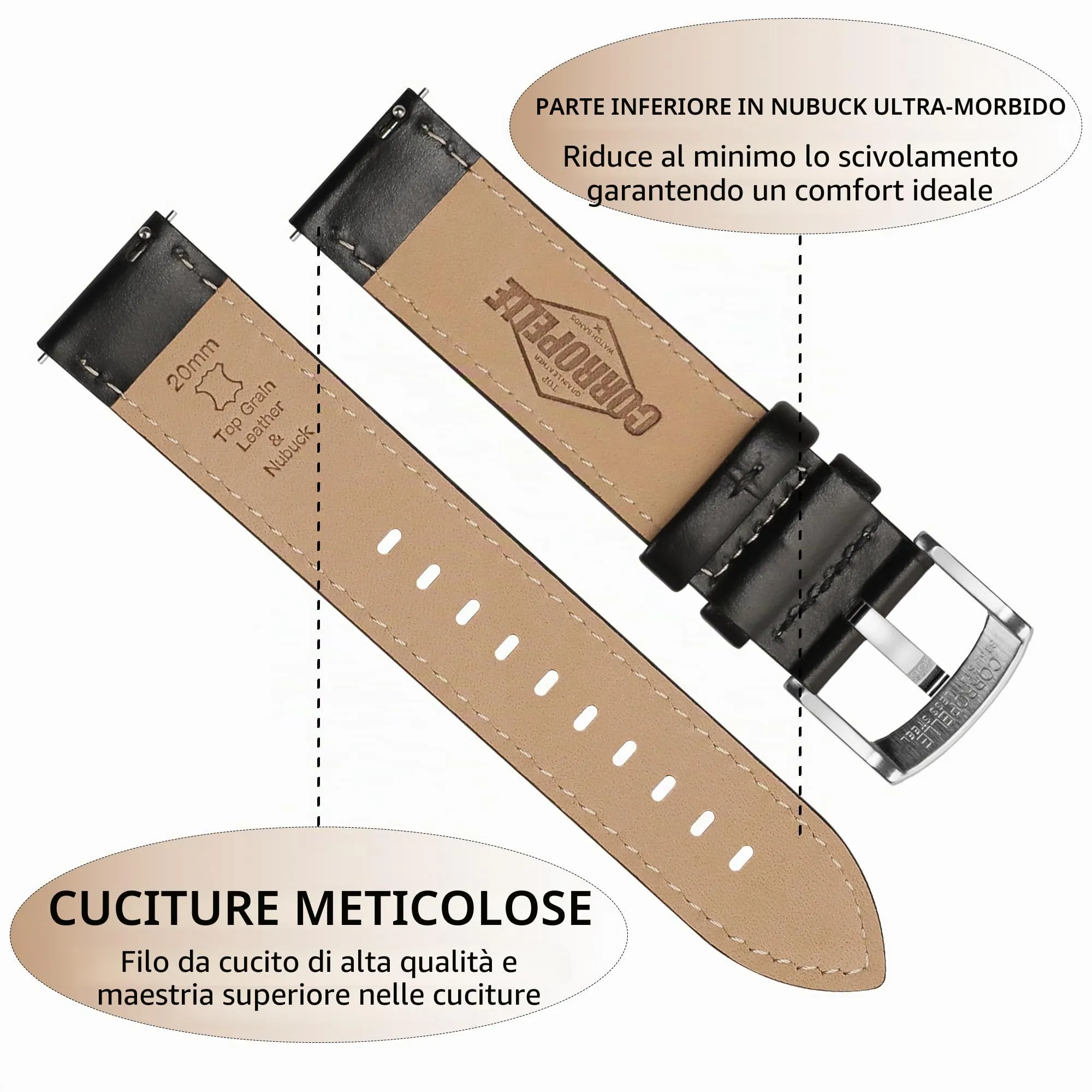 CORROPELLE Cinturini Orologio in Pelle a Sgancio Rapido 18mm 19mm 20mm 21mm 22mm, Elegante Cinturino Vera Pelle Alta qualità Cinturini Ricambio per Uomo Donna, Orologio e Smartwatch - immagine 3