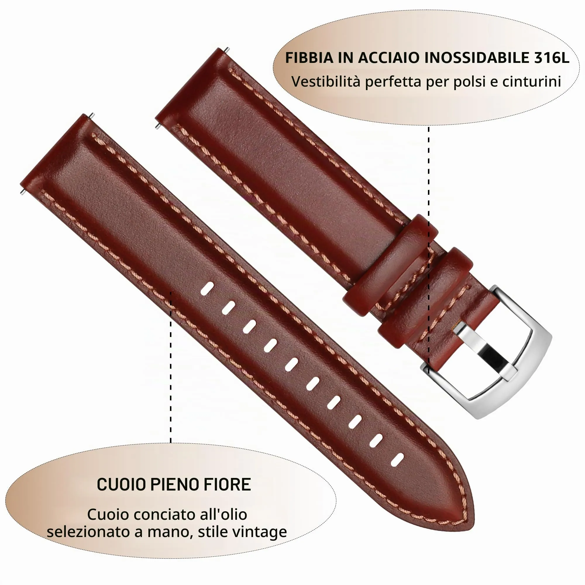 CORROPELLE Cinturini Orologio in Pelle a Sgancio Rapido 18mm 19mm 20mm 21mm 22mm, Elegante Cinturino Vera Pelle Alta qualità Cinturini Ricambio per Uomo Donna, Orologio e Smartwatch - immagine 2
