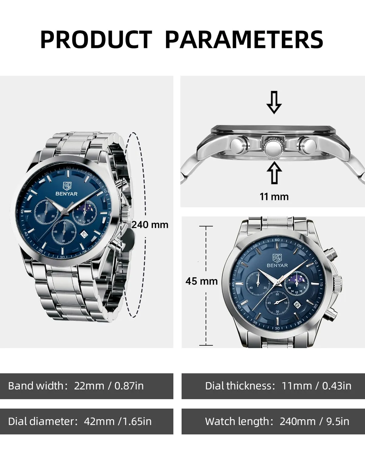 BENYAR BY Orologio da uomo quarzo analogico Cronografi Orologi uomo Regali - immagine 3