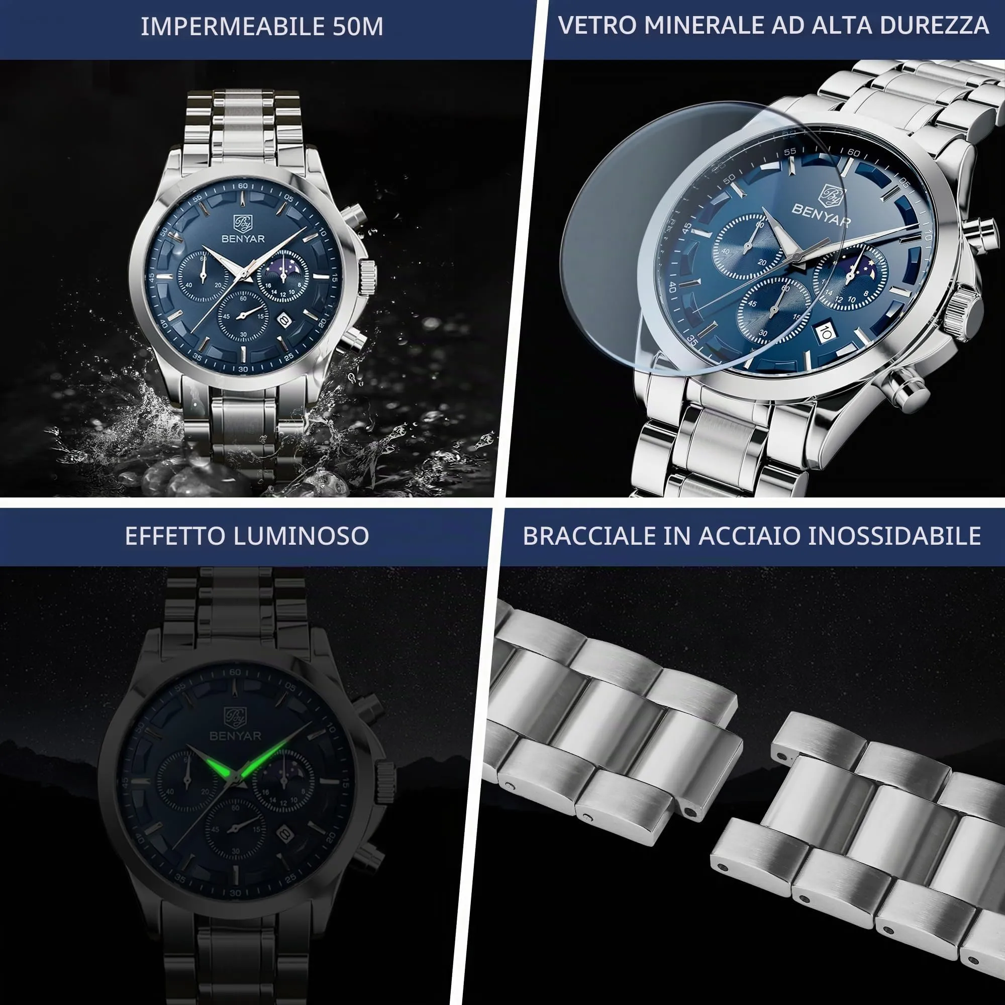 BENYAR BY Orologio da uomo quarzo analogico Cronografi Orologi uomo Regali - immagine 4