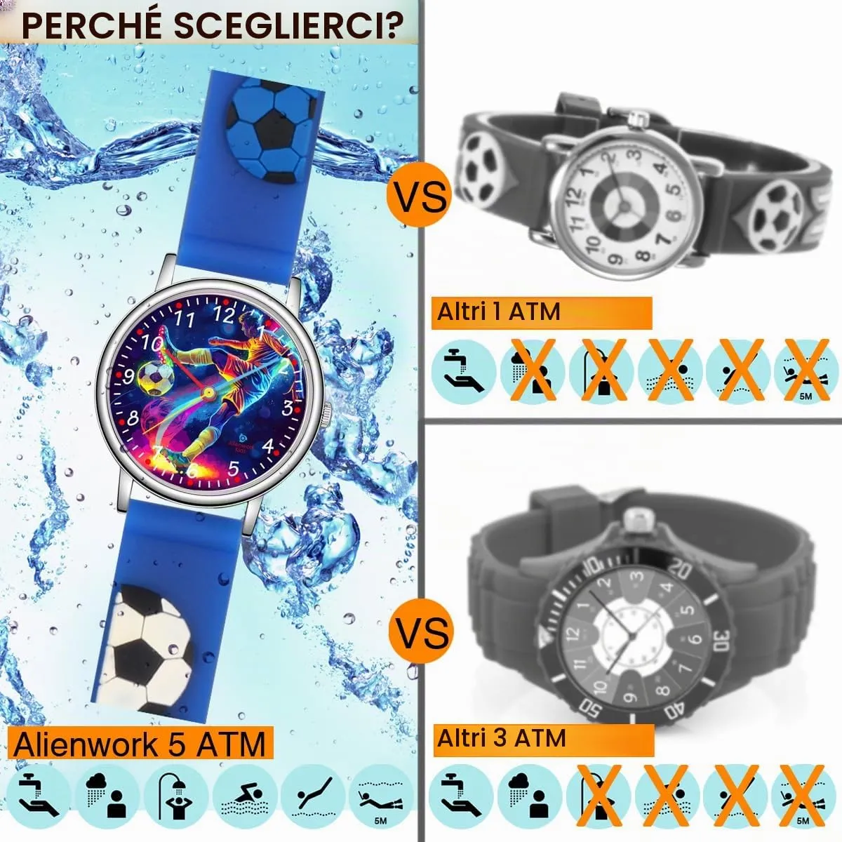 Alienwork Calcio Ragazzi Orologio di Apprendimento Bambini Ragazzi Argento Blu Blu Marino bambini Impermeabile 5 ATM Tempo di Apprendimento - immagine 5