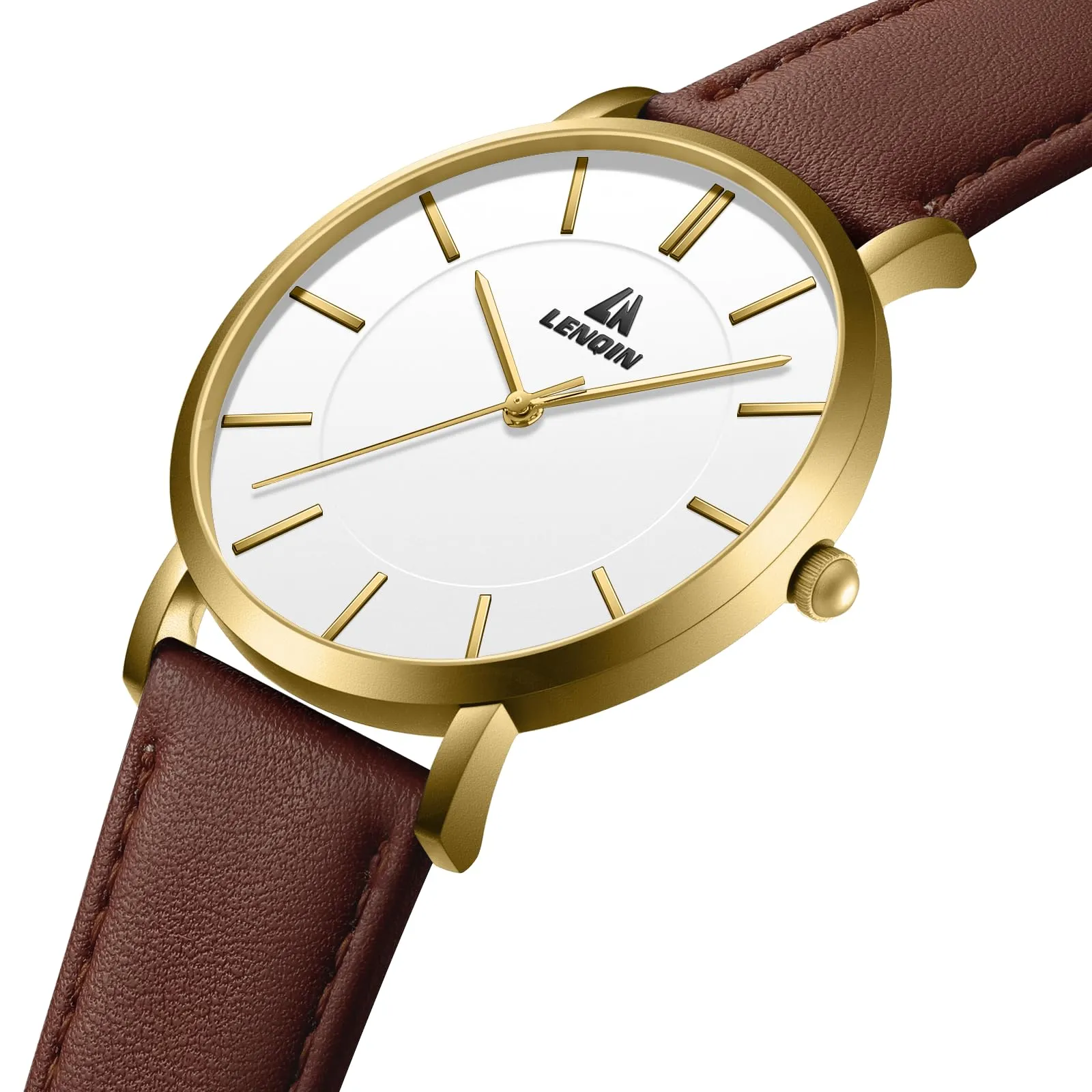 LN LENQIN Orologio Uomo Elegante e Minimalista Cinturino in Vera Pelle Quadrante Sottile Impermeabile Design Classico - immagine 3