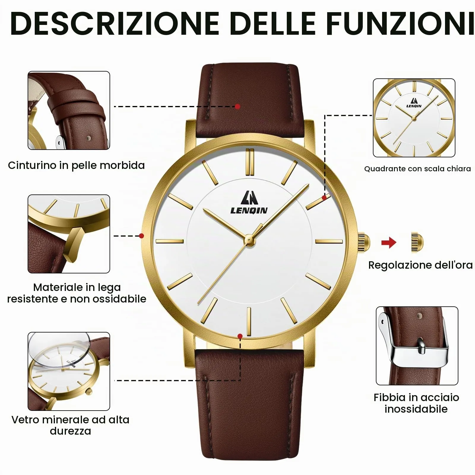 LN LENQIN Orologio Uomo Elegante e Minimalista Cinturino in Vera Pelle Quadrante Sottile Impermeabile Design Classico - immagine 8