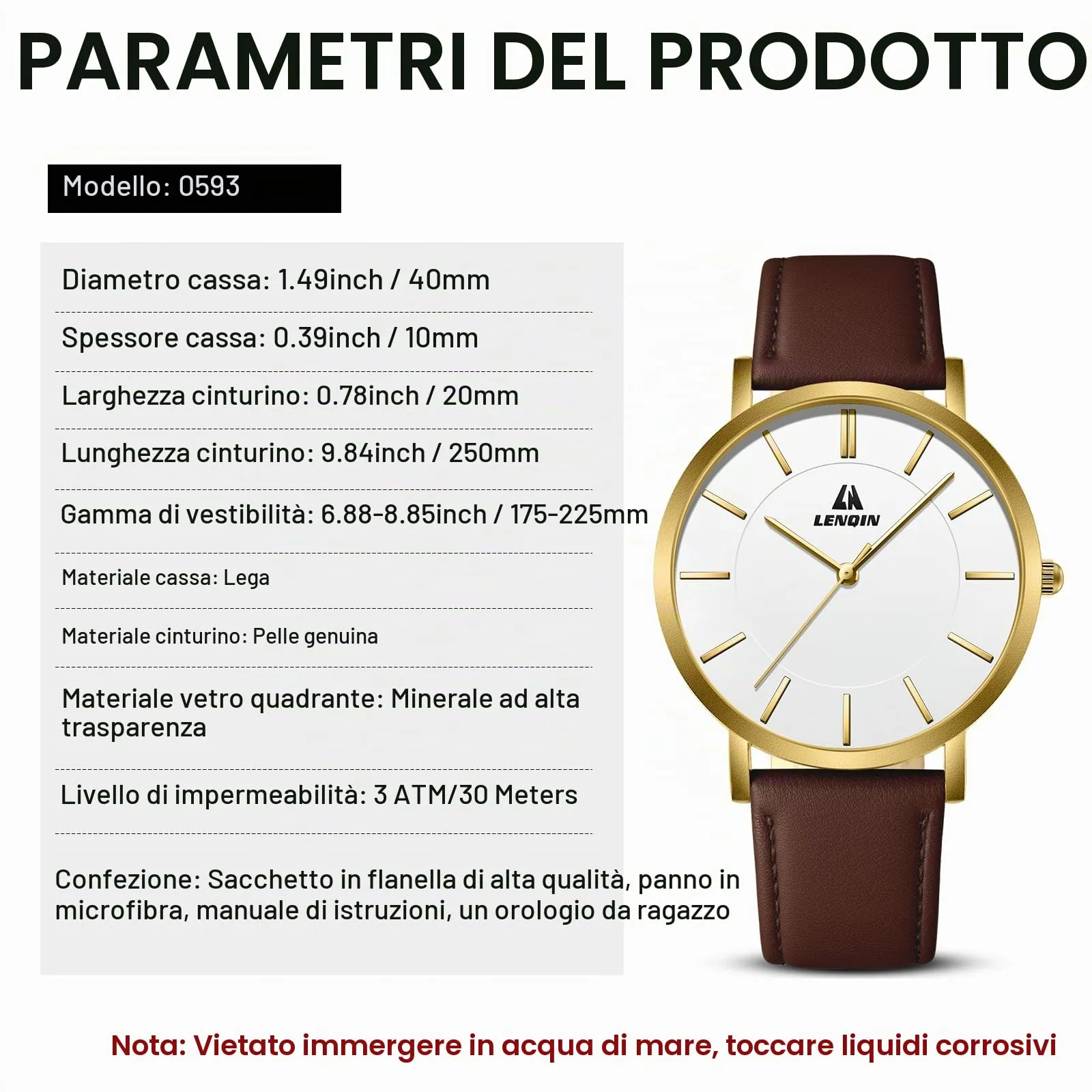 LN LENQIN Orologio Uomo Elegante e Minimalista Cinturino in Vera Pelle Quadrante Sottile Impermeabile Design Classico - immagine 9