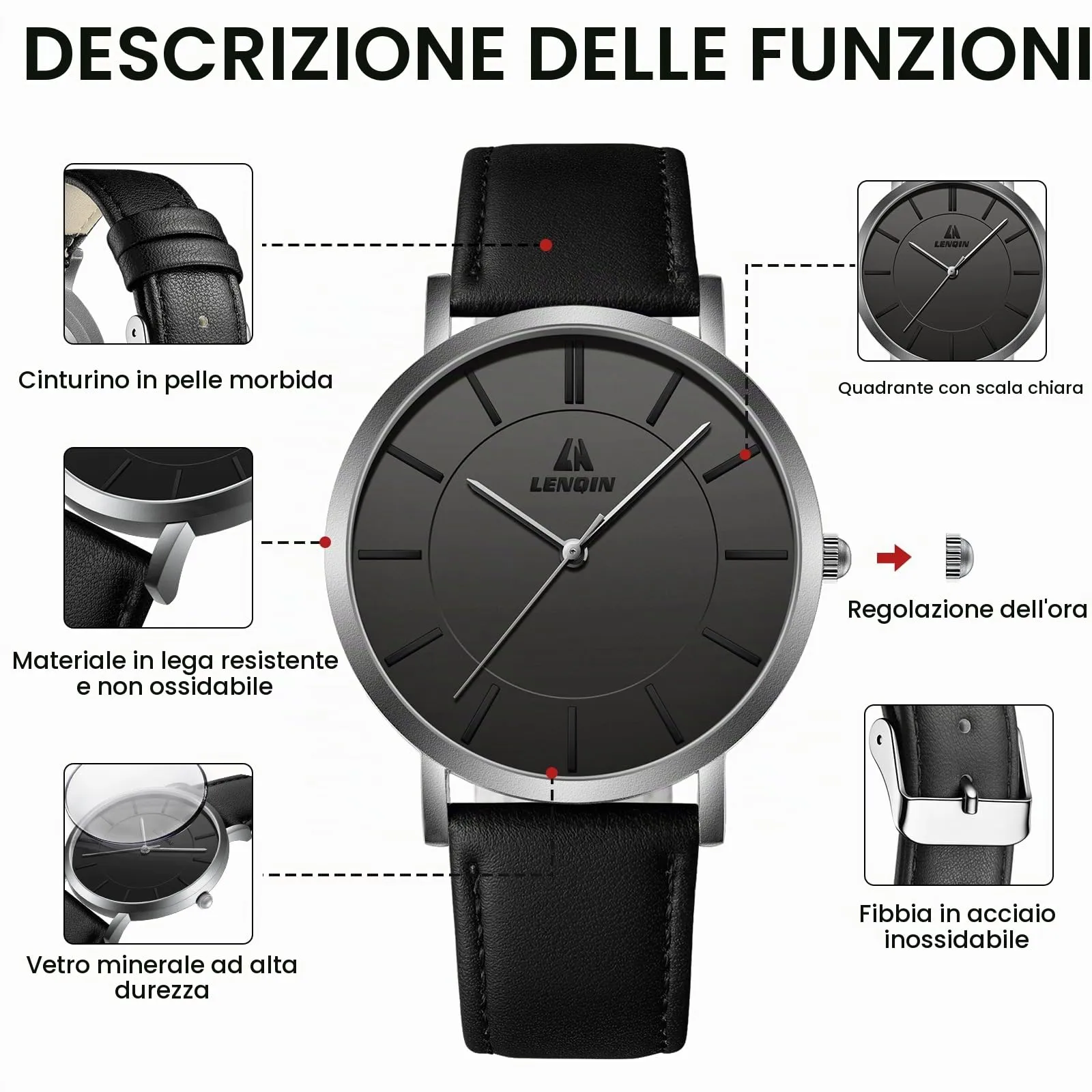 LN LENQIN Orologio Uomo Elegante e Minimalista Cinturino in Vera Pelle Quadrante Sottile Impermeabile Design Classico - immagine 8