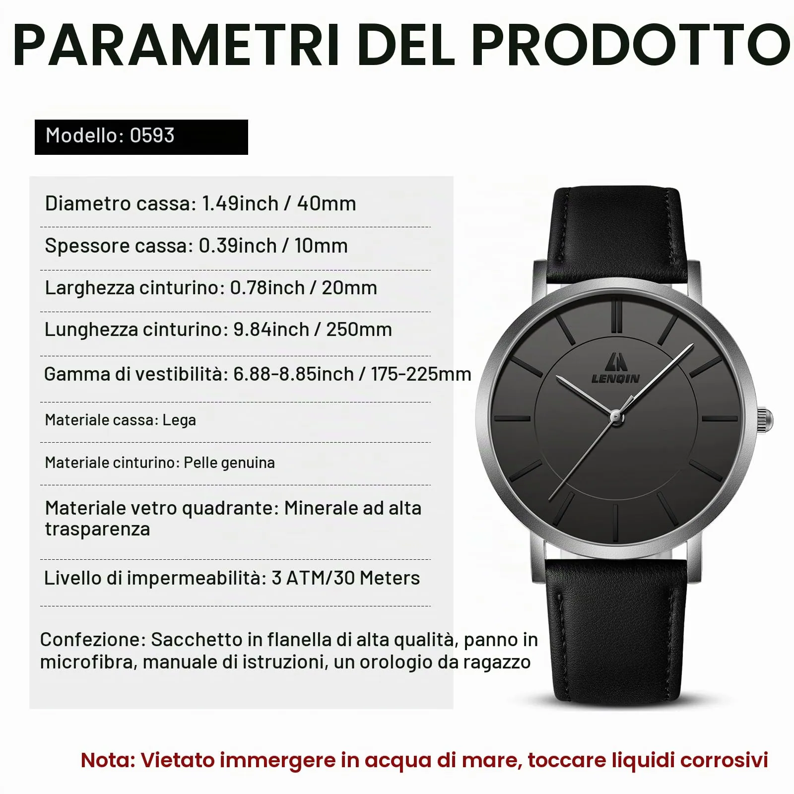 LN LENQIN Orologio Uomo Elegante e Minimalista Cinturino in Vera Pelle Quadrante Sottile Impermeabile Design Classico - immagine 9