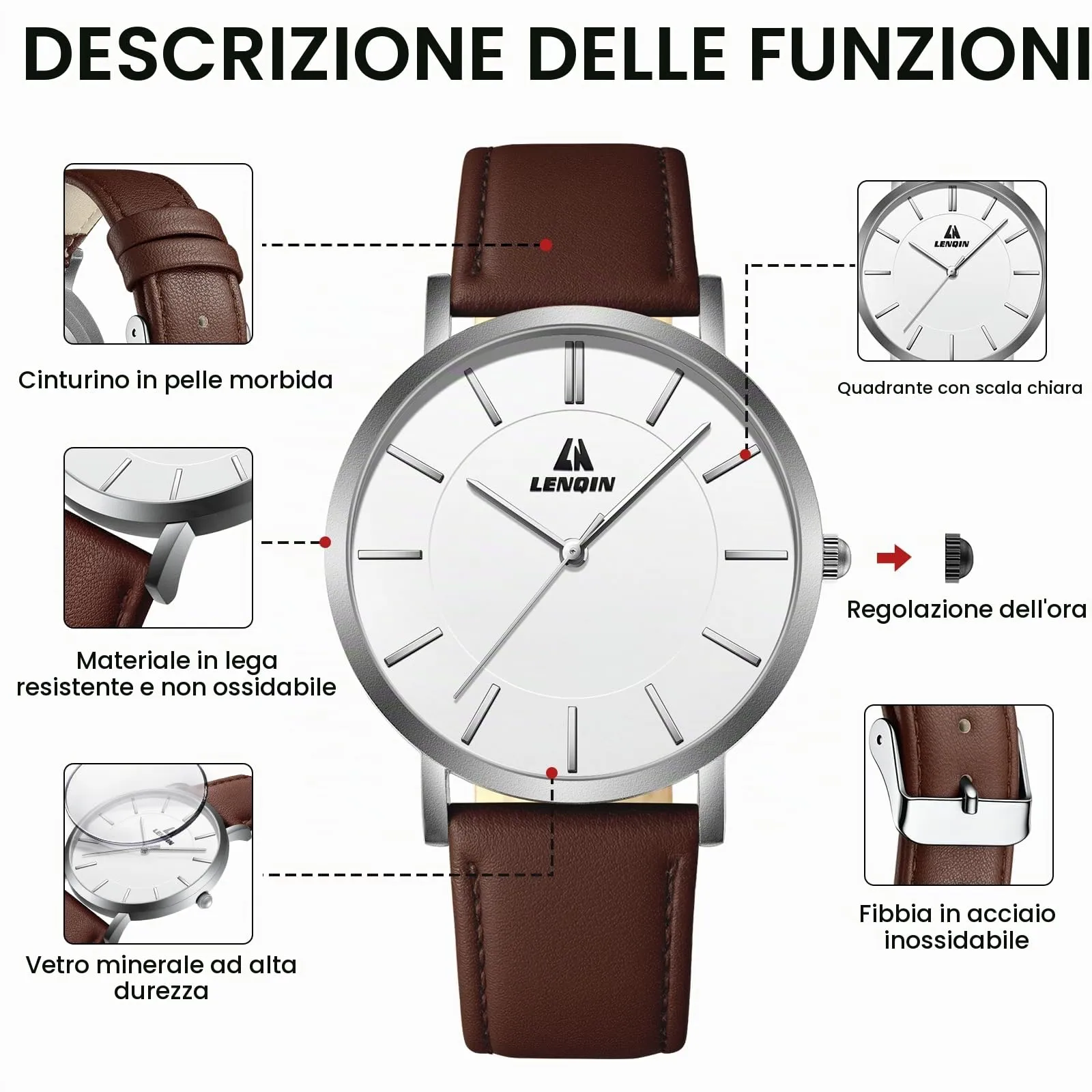 LN LENQIN Orologio Uomo Analogico Al Quarzo 30M Impermeabile Orologi Da Polso Da Uomo Moda Business Orologio da Di Design Cinturino in Pelle - immagine 8