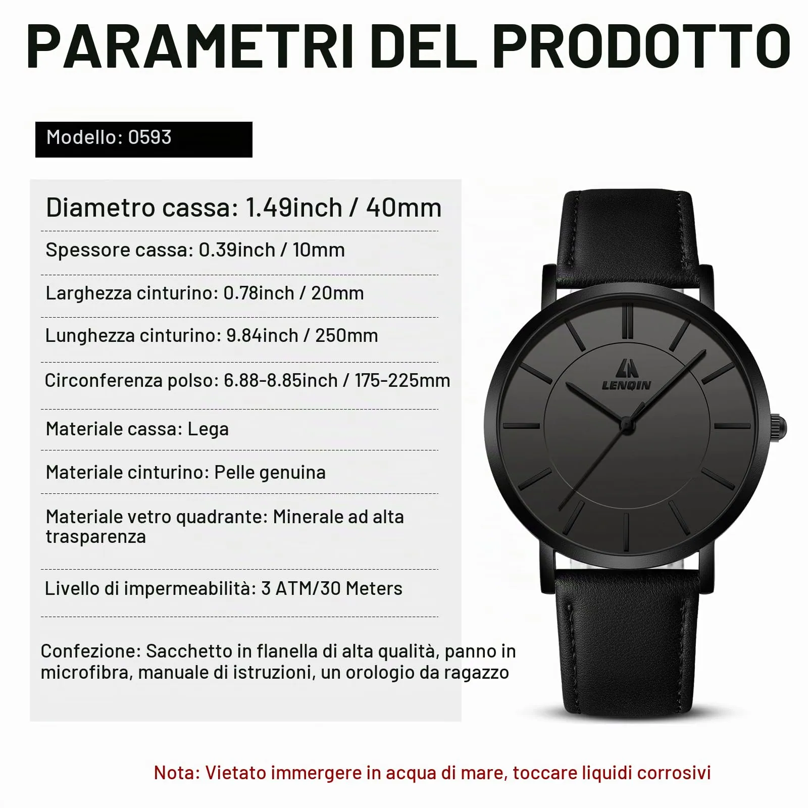 LN LENQIN Orologio Uomo Elegante e Minimalista Cinturino in Vera Pelle Quadrante Sottile Impermeabile Design Classico - immagine 8