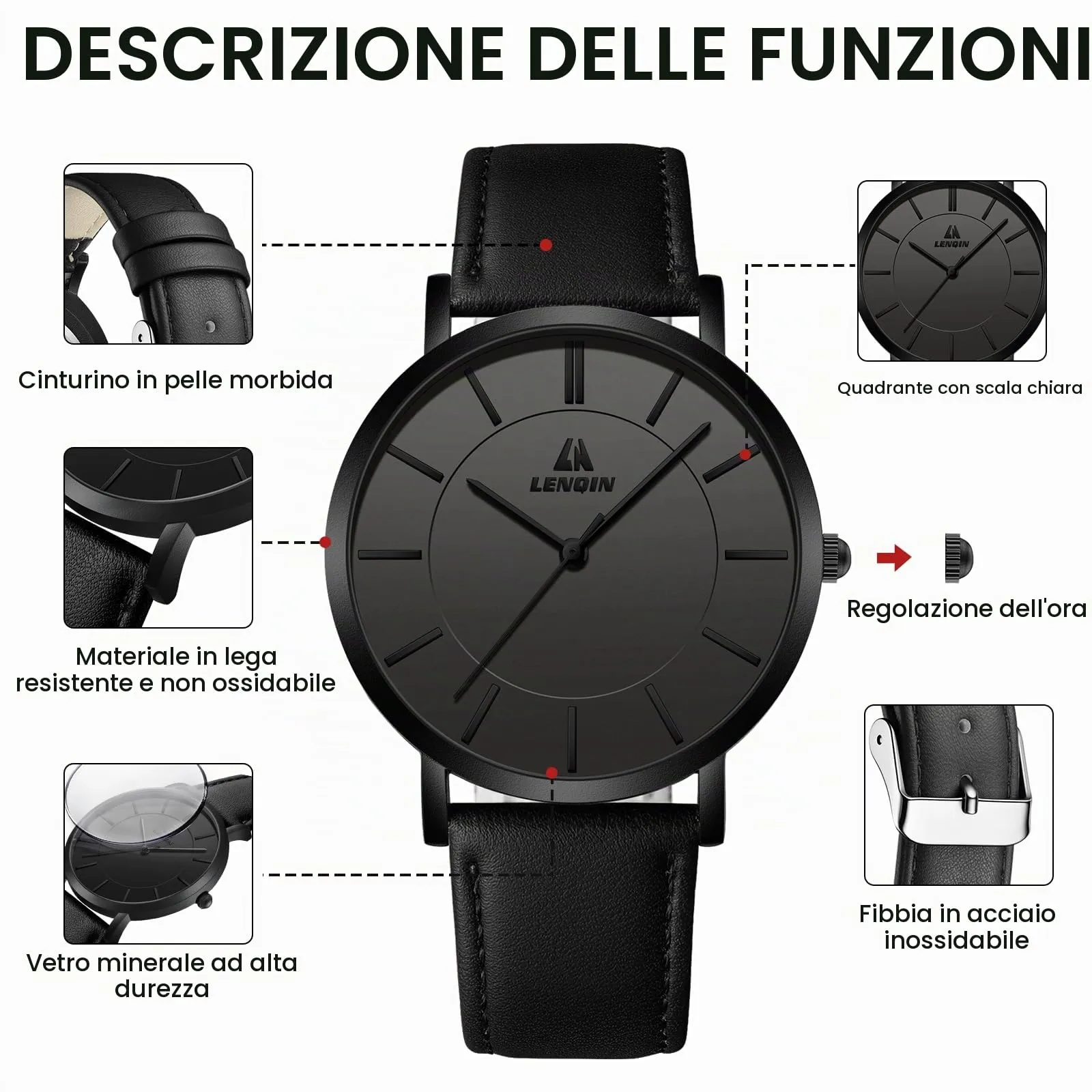 LN LENQIN Orologio Uomo Elegante e Minimalista Cinturino in Vera Pelle Quadrante Sottile Impermeabile Design Classico - immagine 9