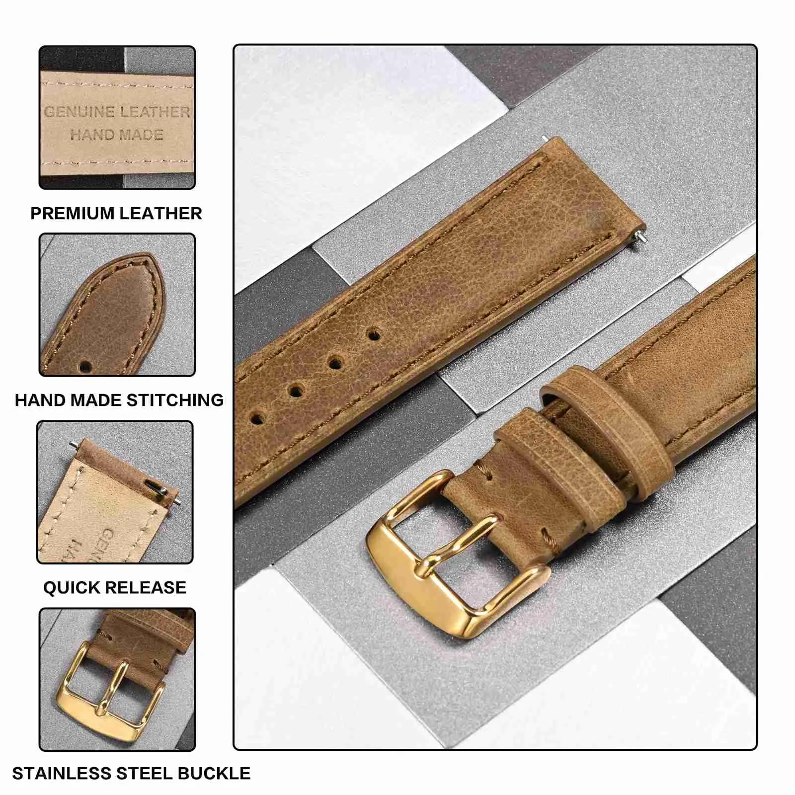Anbeer Cinturini per orologi in vera pelle a sgancio rapido, cinturini per orologi in pelle di cavallo pazzo per uomini e donne, larghezza della banda 20mm, Fibbia d'oro - immagine 3