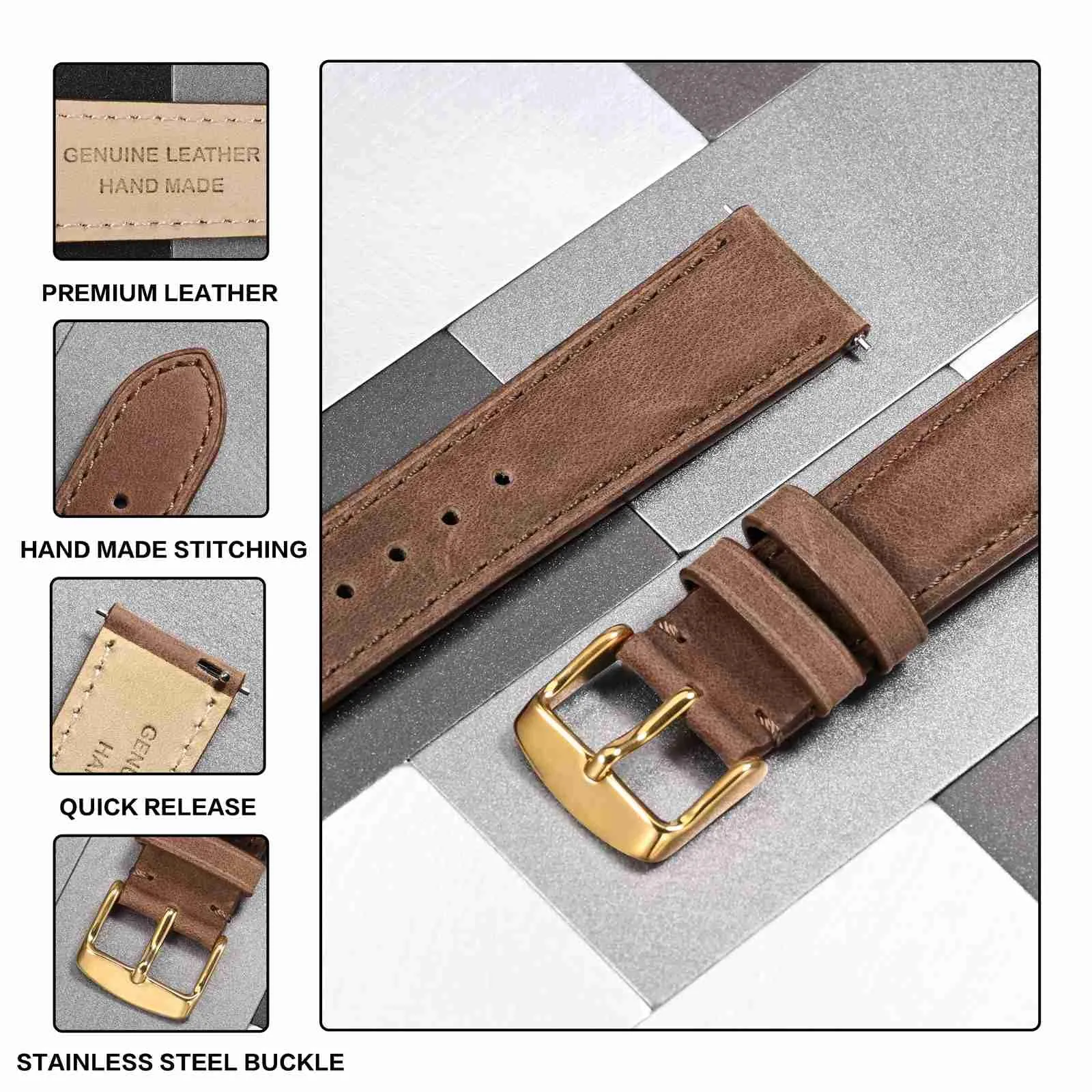 Anbeer Cinturini per orologi in vera pelle a sgancio rapido, cinturini per orologi in pelle di cavallo pazzo per uomini e donne, larghezza della banda 19mm, Fibbia d'oro - immagine 3