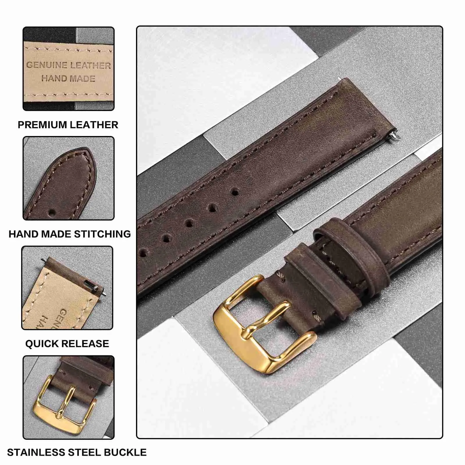 Anbeer Cinturini per orologi in vera pelle a sgancio rapido, cinturini per orologi in pelle di cavallo pazzo per uomini e donne, larghezza della banda 18mm, Fibbia d'oro - immagine 3