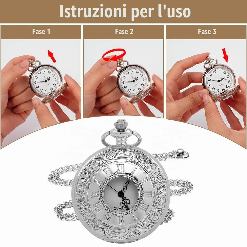 OFFCUP Orologio da Tasca al Quarzo Vintage con Catena Numeri Arabi Liscio - immagine 4