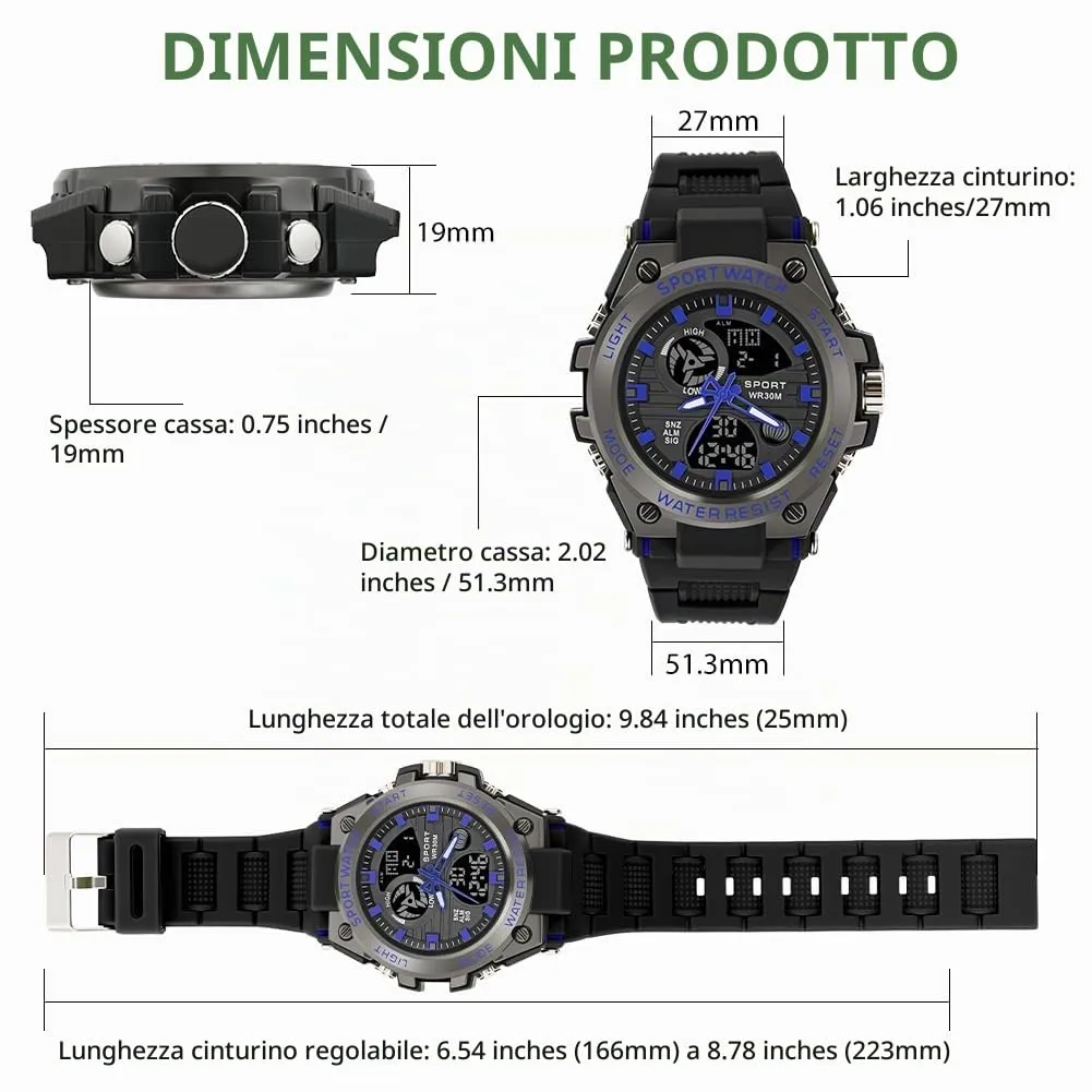 AOOSU Orologio da Uomo, Orologio da Uomo Analogico e Digitale, Orologi Militare, Datario Multifunzione con Cronografo e Display Luminoso - Blu Scuro - immagine 2