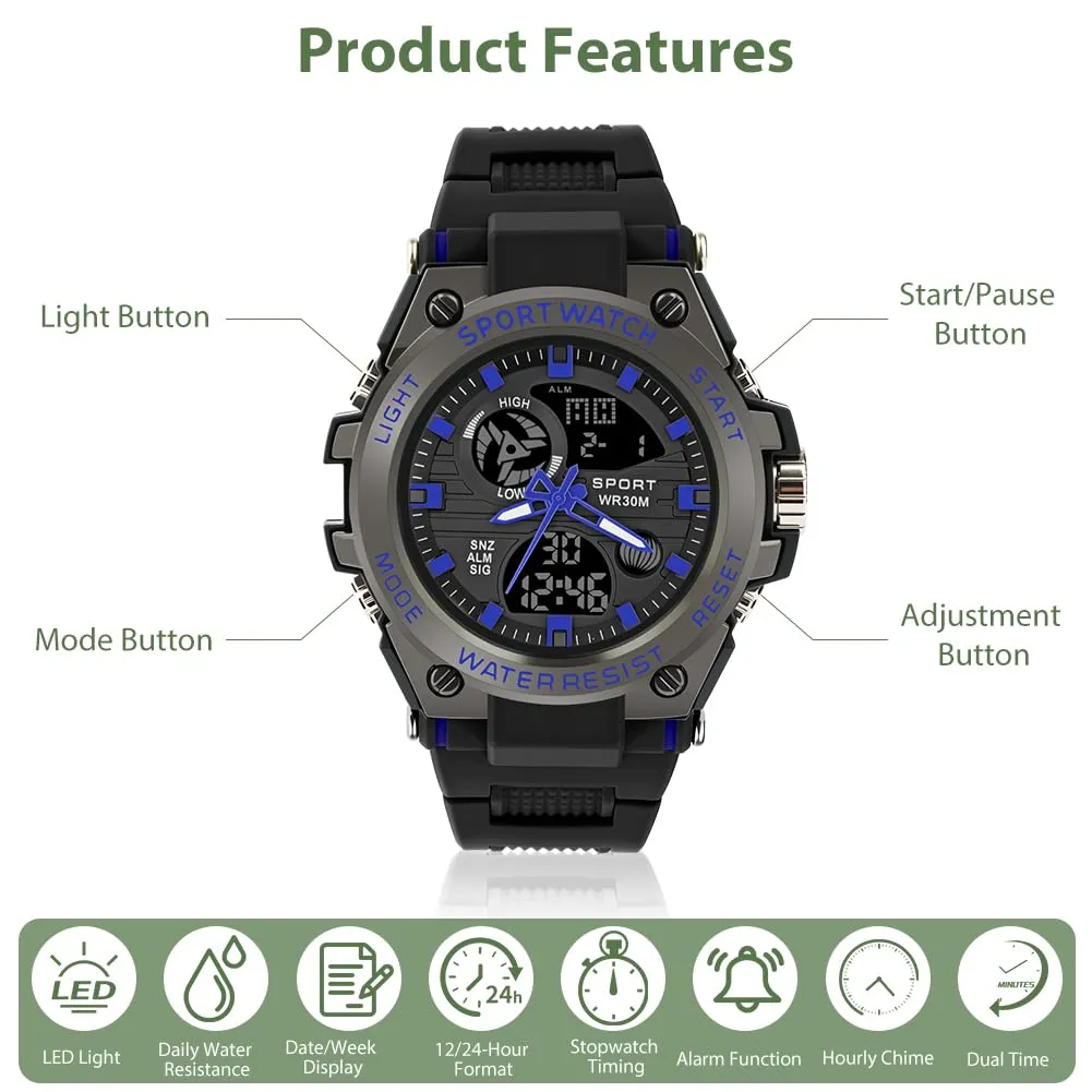 AOOSU Orologio da Uomo, Orologio da Uomo Analogico e Digitale, Orologi Militare, Datario Multifunzione con Cronografo e Display Luminoso - Blu Scuro - immagine 3