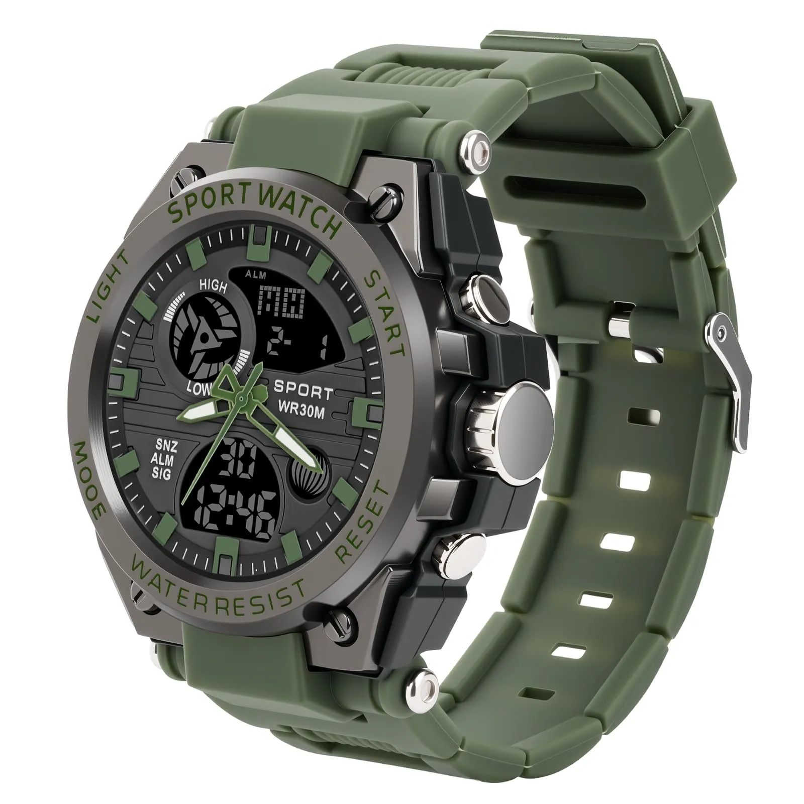 AOOSU Orologio da Uomo, Orologio da Uomo Analogico e Digitale, Orologi Militare, Datario Multifunzione con Cronografo e Display Luminoso - Verde - immagine 1