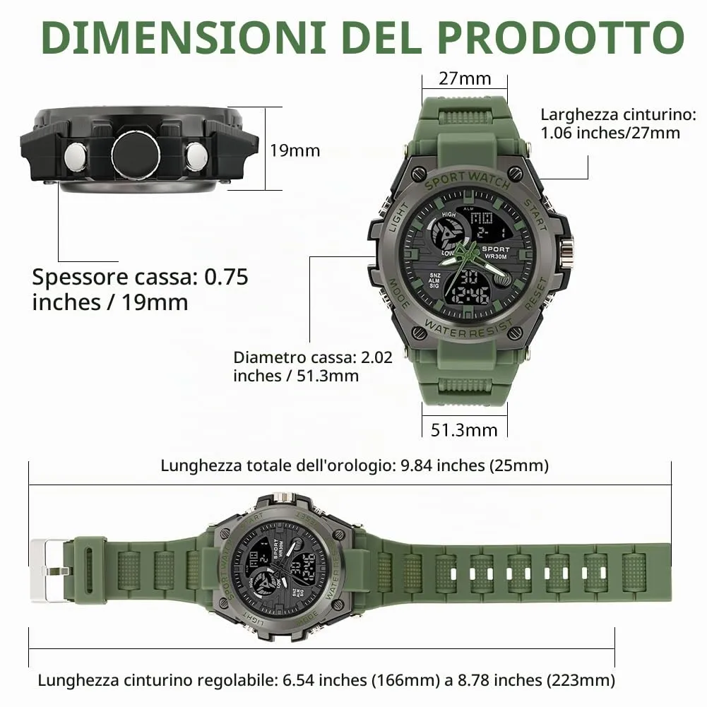 AOOSU Orologio da Uomo, Orologio da Uomo Analogico e Digitale, Orologi Militare, Datario Multifunzione con Cronografo e Display Luminoso - Verde - immagine 2