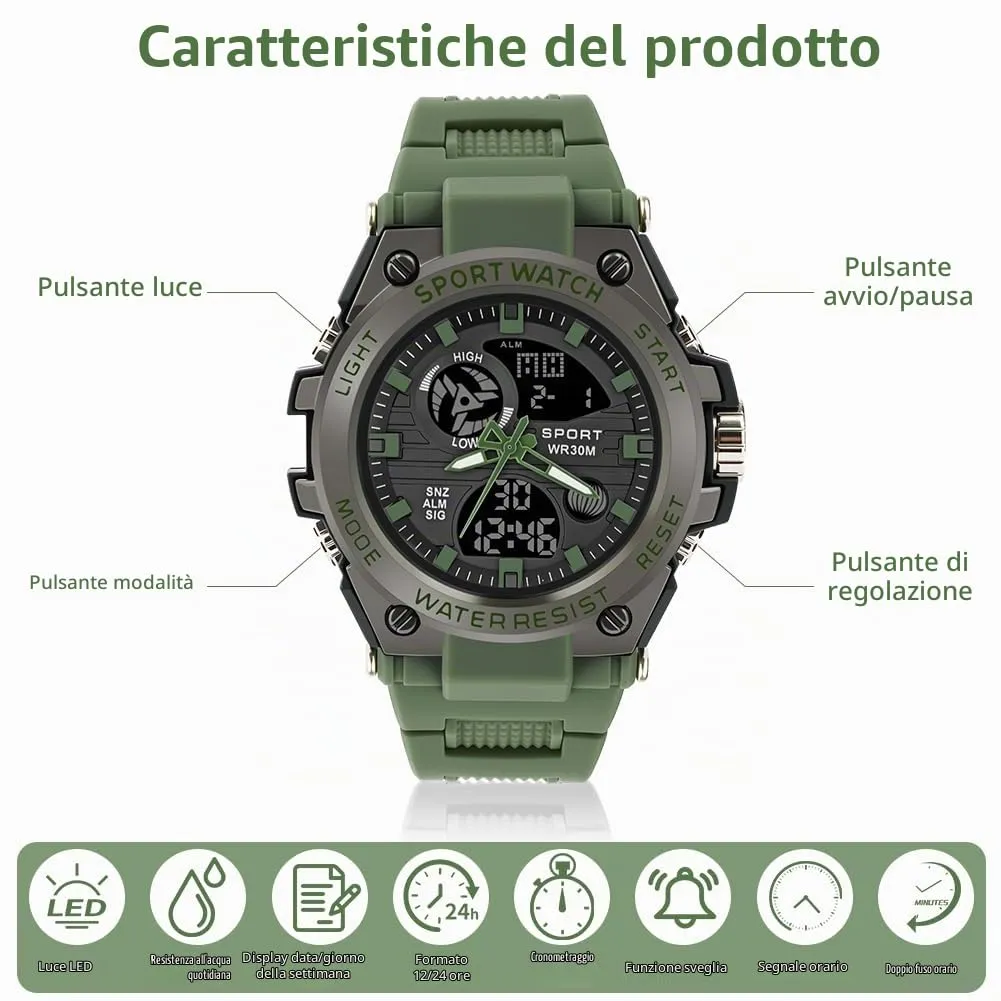 AOOSU Orologio da Uomo, Orologio da Uomo Analogico e Digitale, Orologi Militare, Datario Multifunzione con Cronografo e Display Luminoso - Verde - immagine 3
