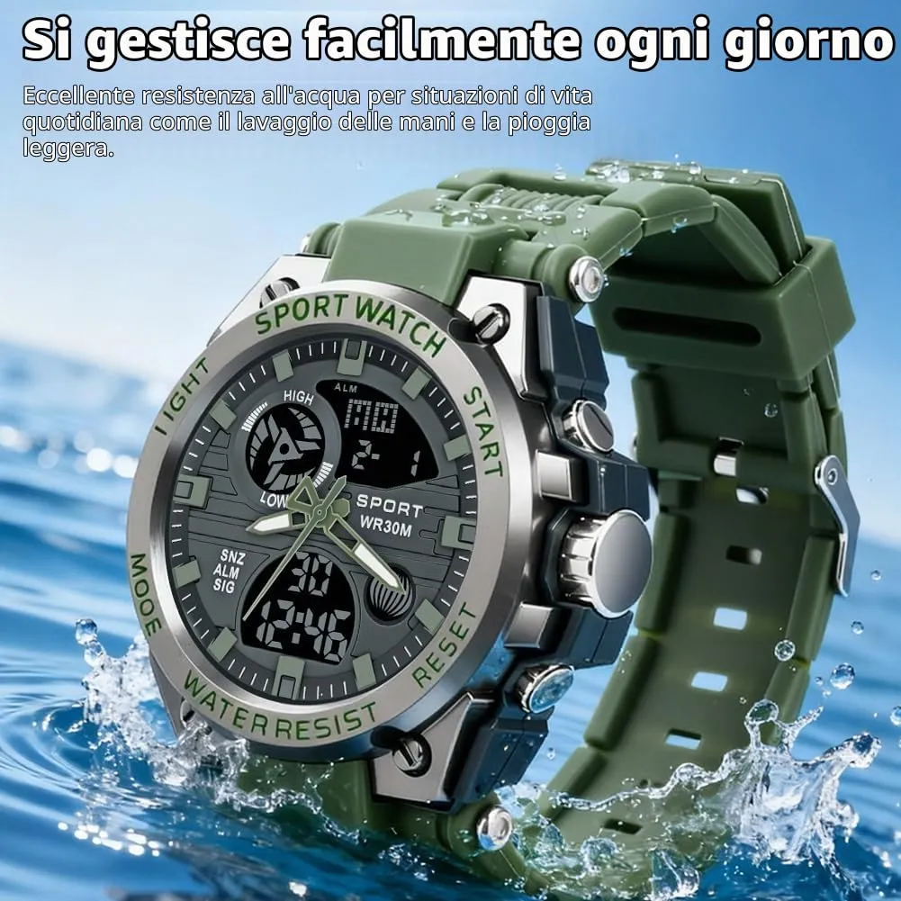 AOOSU Orologio da Uomo, Orologio da Uomo Analogico e Digitale, Orologi Militare, Datario Multifunzione con Cronografo e Display Luminoso - Verde - immagine 5