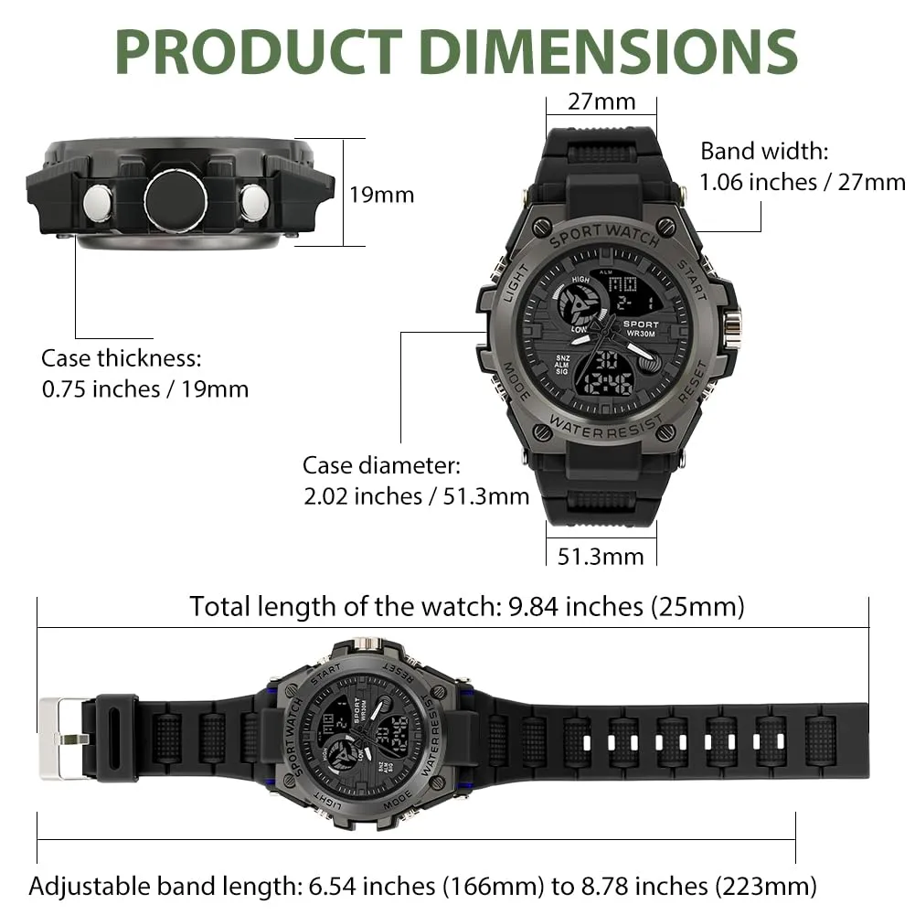 AOOSU Orologio da Uomo, Orologio da Uomo Analogico e Digitale, Orologi Militare, Datario Multifunzione con Cronografo e Display Luminoso - Nero - immagine 2