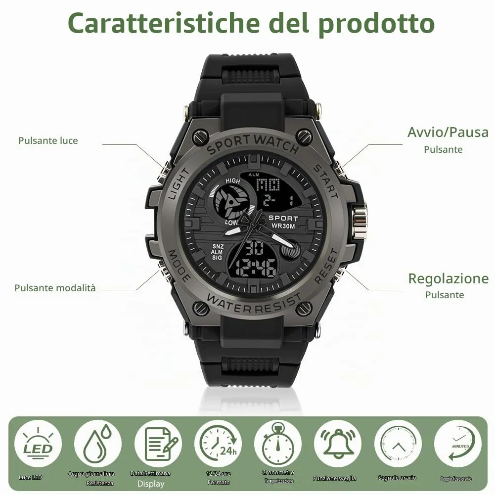 AOOSU Orologio da Uomo, Orologio da Uomo Analogico e Digitale, Orologi Militare, Datario Multifunzione con Cronografo e Display Luminoso - Nero - immagine 3