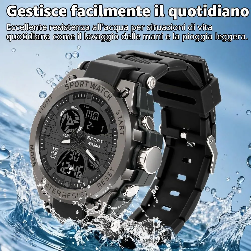 AOOSU Orologio da Uomo, Orologio da Uomo Analogico e Digitale, Orologi Militare, Datario Multifunzione con Cronografo e Display Luminoso - Nero - immagine 5