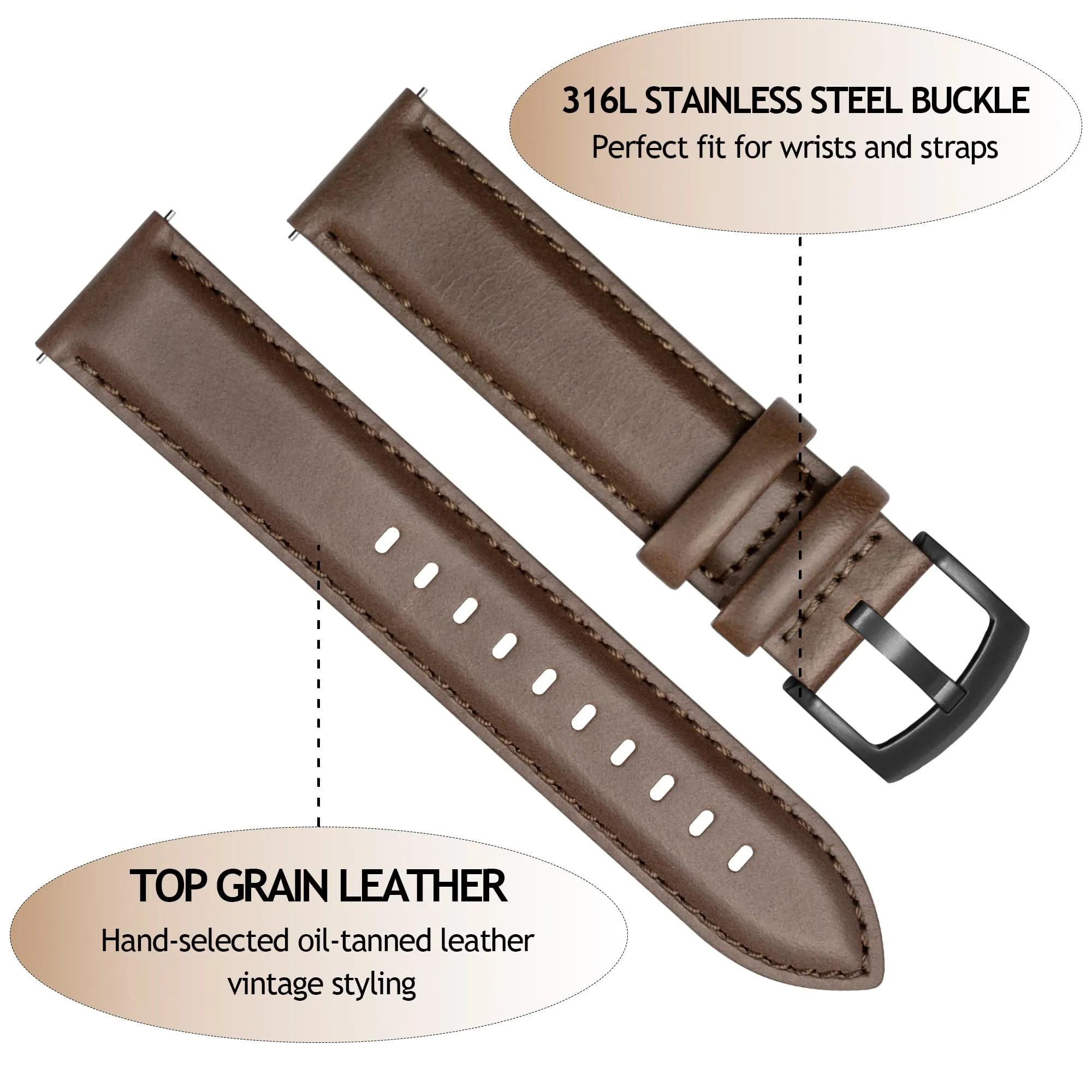 CORROPELLE Cinturini Orologio in Pelle a Sgancio Rapido 18mm 19mm 20mm 21mm 22mm, Elegante Cinturino Vera Pelle Alta qualità Cinturini Ricambio per Uomo Donna, Orologio e Smartwatch - immagine 2