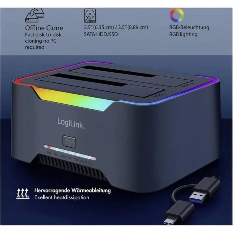 Docking Station LogiLink QP0036 Dual Bay USB 3.2 RGB Clone Offline - immagine 1