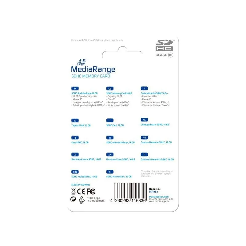 Scheda di memoria MEDIARANGE MR963 16 GB SDHC Classe 10 Blu - immagine 1