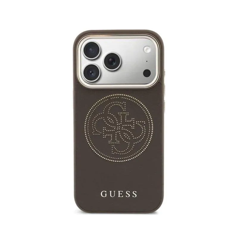 Custodia Guess effetto pelle logo traforato marrone compatibile MagSafe iPhone 17 Pro Max - immagine 1